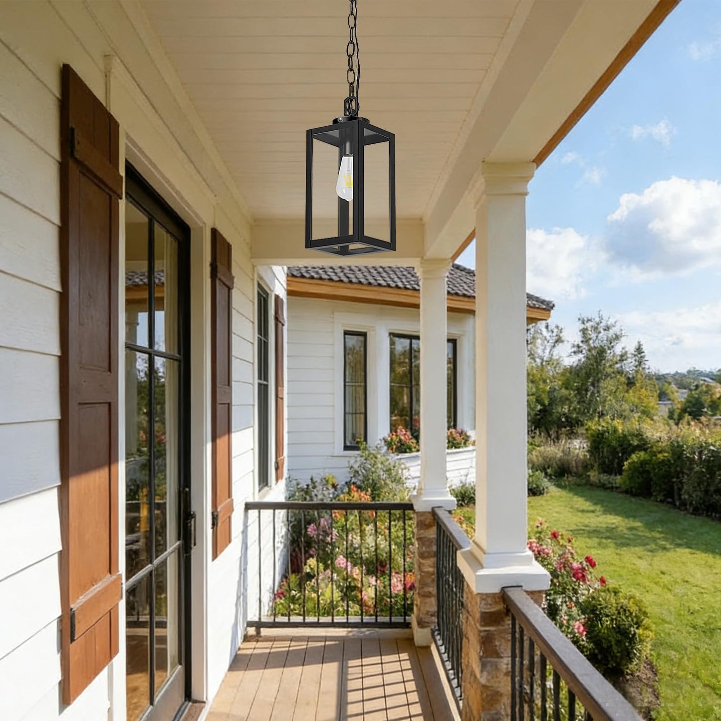 EIKESN 13" Dusk to Dawn Outdoor Pendant Light,Exterior Outside Chandelier Hanging Lantern Light, Matte Black with Clear Glass for Front Door,Porch
