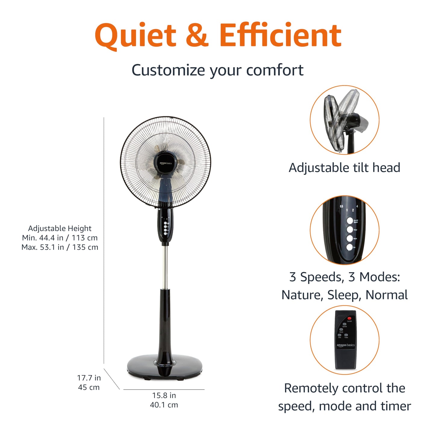 Amazon Basics 16" Pedestal Fan with Remote for Bedroom, Living Room, Office, Adjustable Height, Dual-Layered Blades, 3 Speeds, 3 Modes, Timer, Tilt