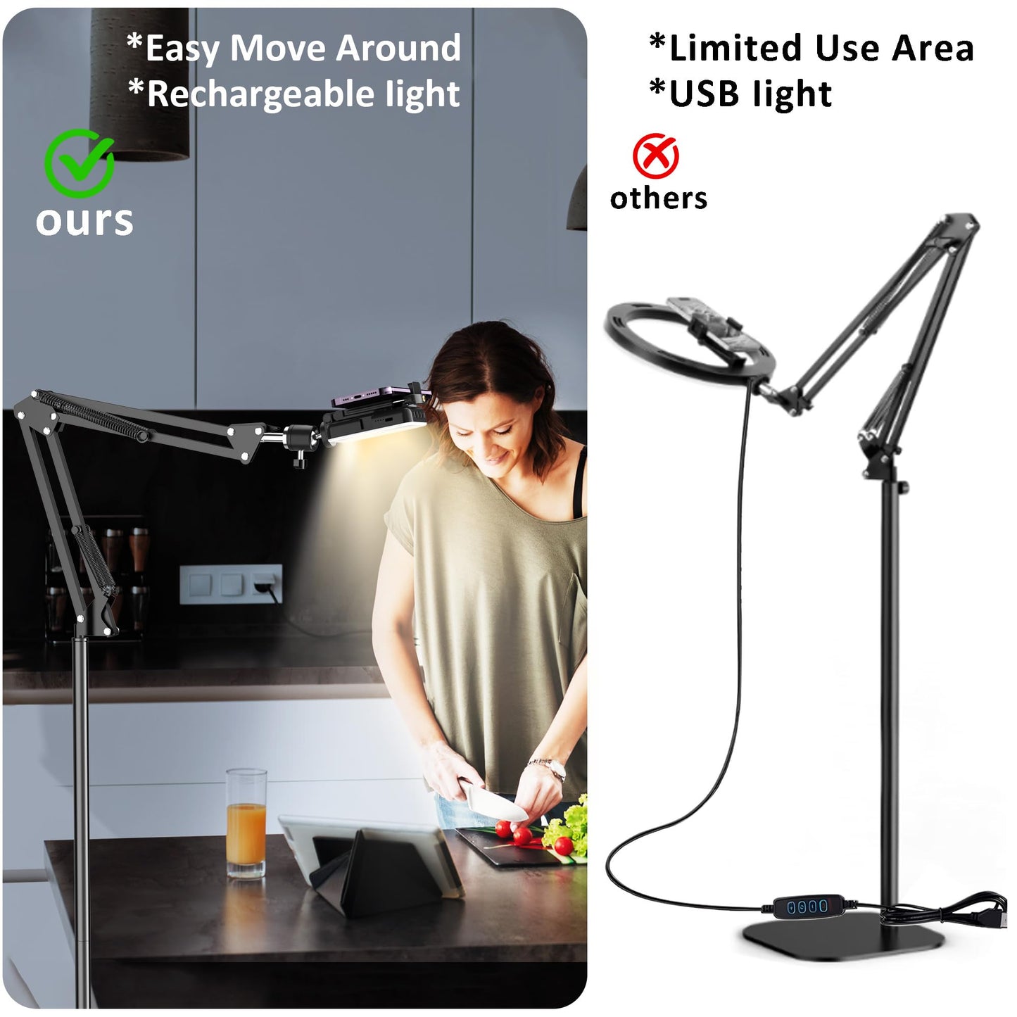 Floor Overhead Phone Tripod with Rechargeable Light for Cooking Videos, Move Around Phone Stand with Ring Light Content Creator Video Recording Selfie