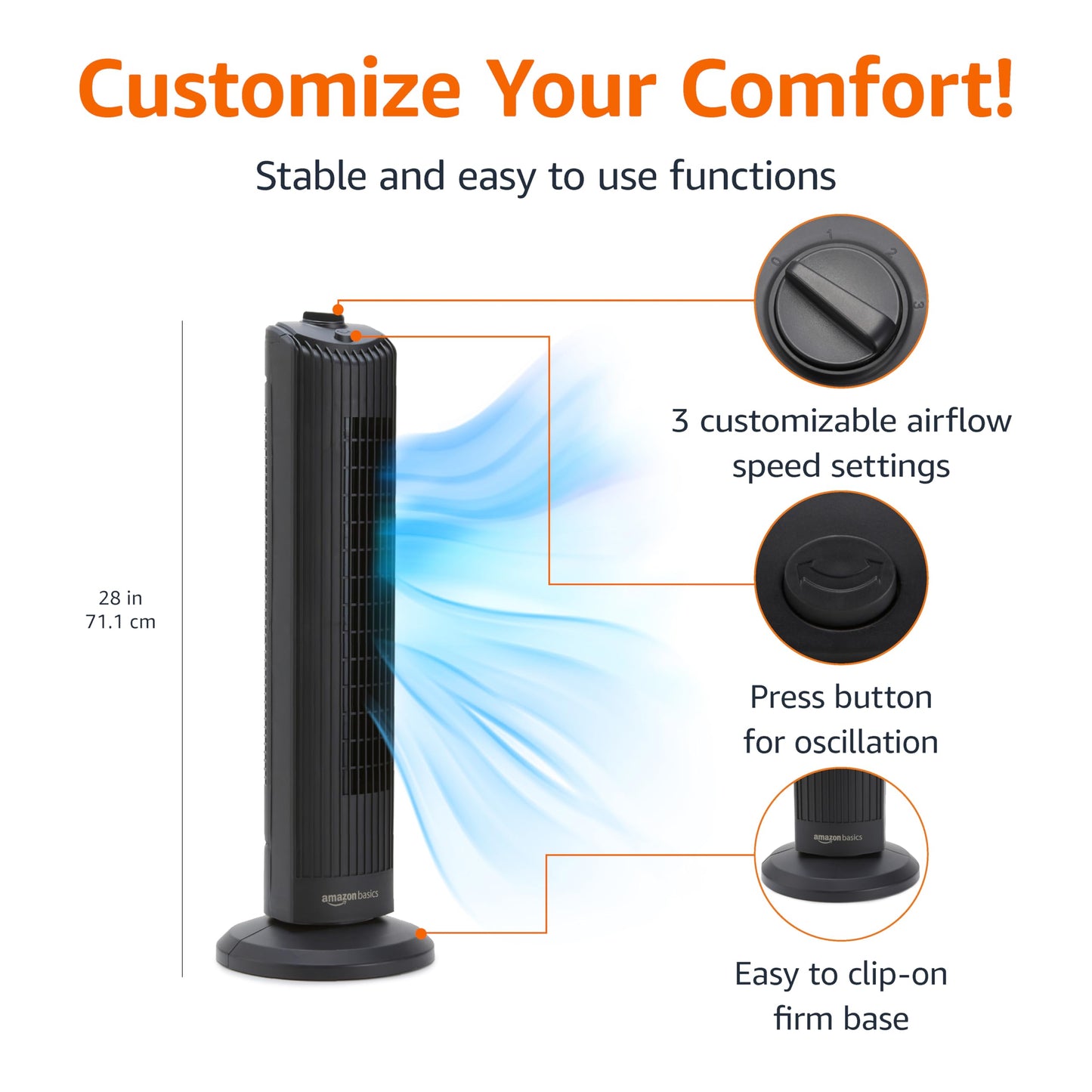 Amazon Basics 28" 60-Degree Oscillating Tower Fan with Powerful Airflow for Bedroom, Living Room, Office, 3 Speeds, Mechanical Control, Air
