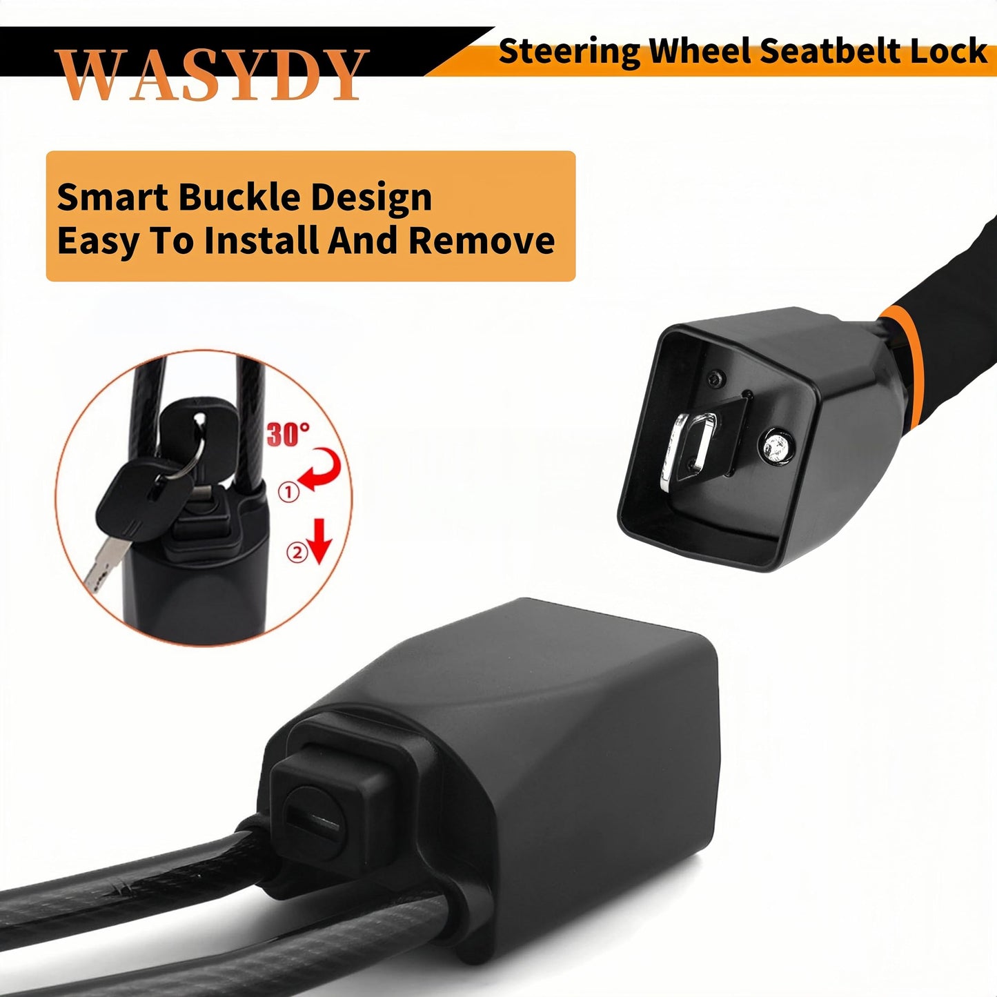 WASYDY Car Steering Wheel Seat Belt Lock,2026 Upgraded High Strength Thickened Steel Cable Universal Anti Theft Device,Compact Lightweight Car