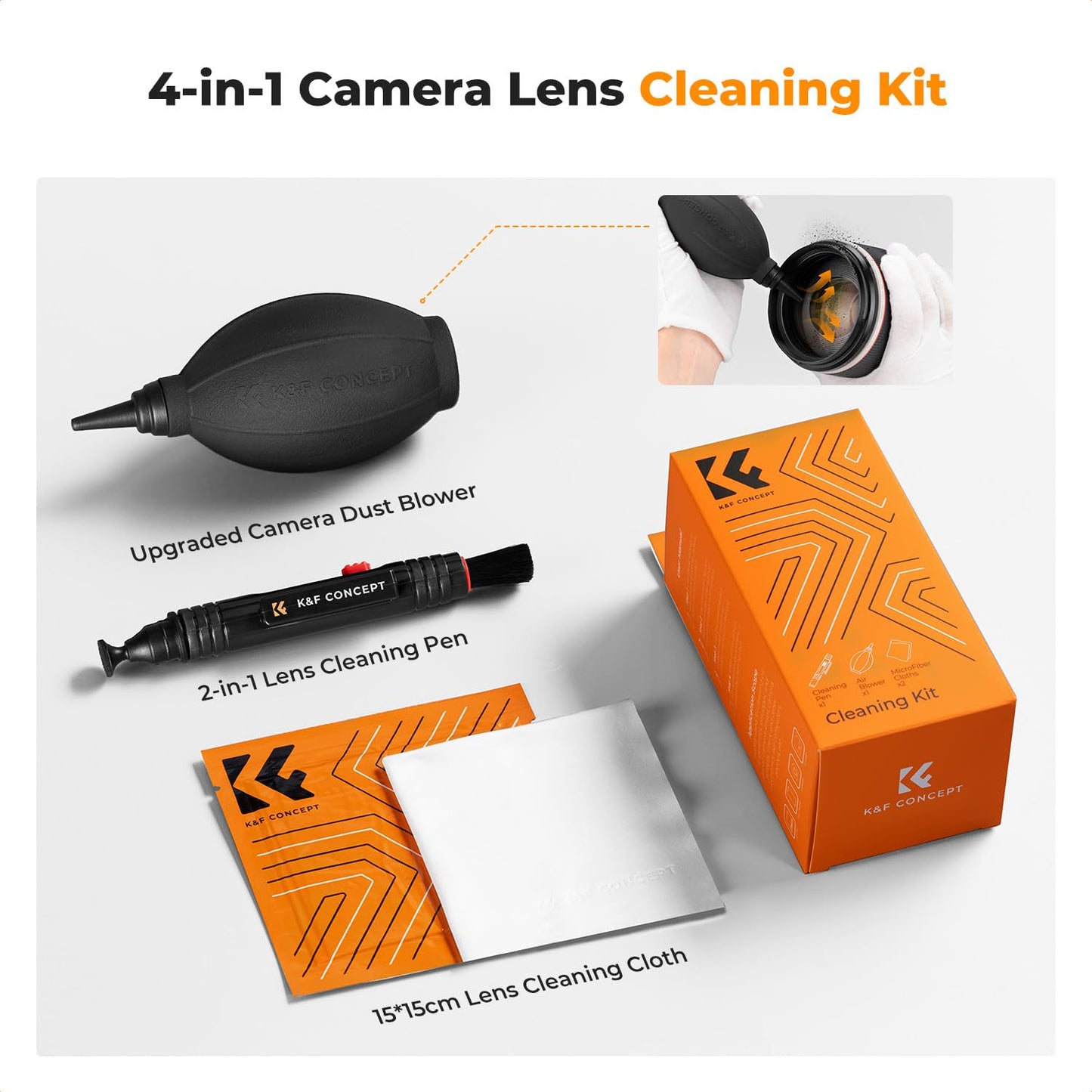 K&F CONCEPT 4-in-1 Camera Lens Cleaning Kit with Lens Cleaning Pen, Camera Air Blower, Microfiber Cleaning Cloth, Lens Cleaner Kit for Canon Nikon