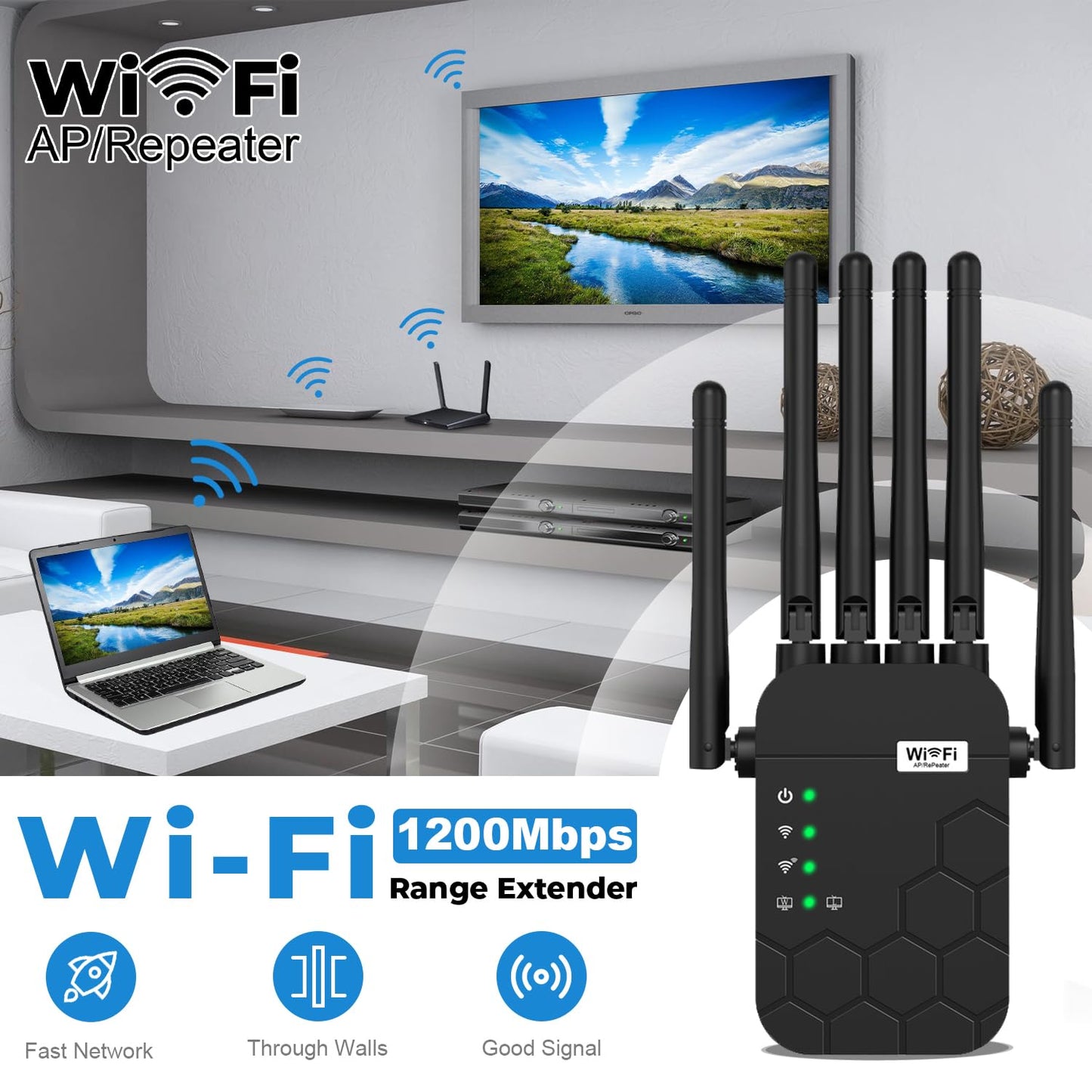 2026 WiFi Extender Signal Booster, Dual Band 5.8GHz&2.4GHz, 6X Faster, WiFi Booster Covers Up to 13880 Sq.ft, 1200M WiFi Repeater with Ethernet Port