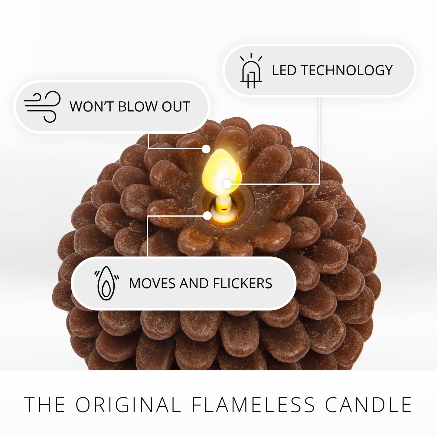 Luminara Pinecone Flameless Candles Chalky Brown Finish Pine Cone Figural, Real Wax Unscented LED Candles, Battery Operated with Timer, Holiday