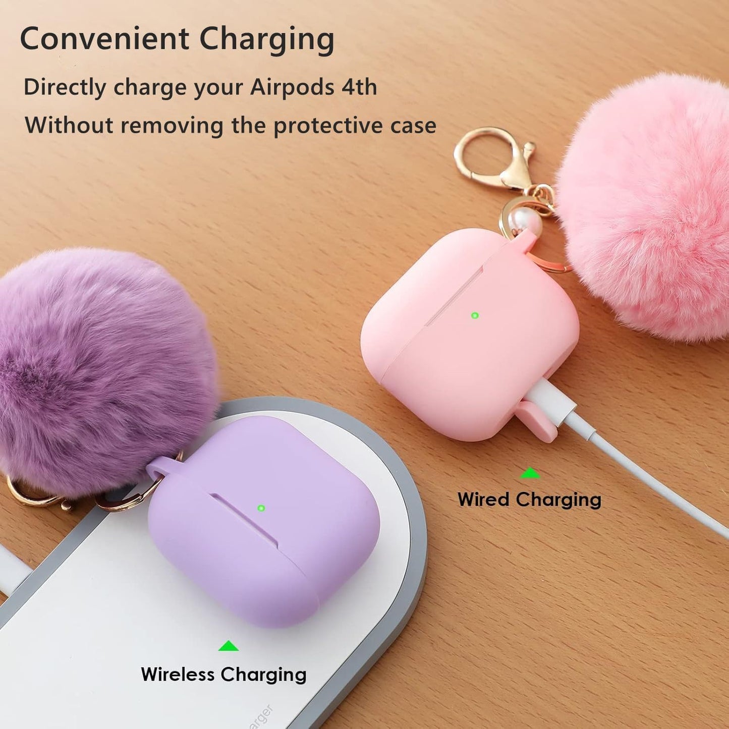 Protective Case Cover for Airpods 4th Generation Charging Case, Soft Silicone Cases with Cute Fluffy Ball Pom Pom and Keychain Kit (Purple)