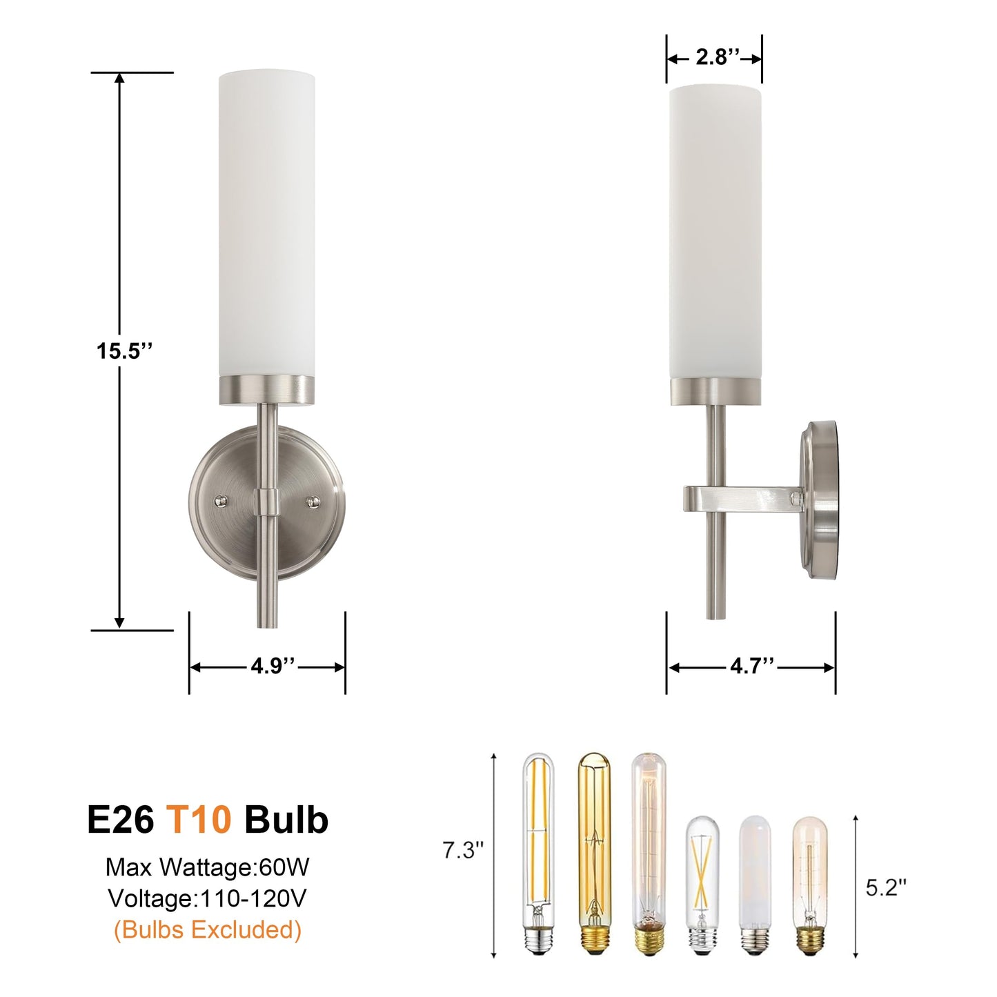 Wall Sconces Set of Two,Brushed Nickel Bathroom Sconces Wall Lighting with White Glass, Modern Sconces Wall Decor Set of 2 Wall Light fixtures