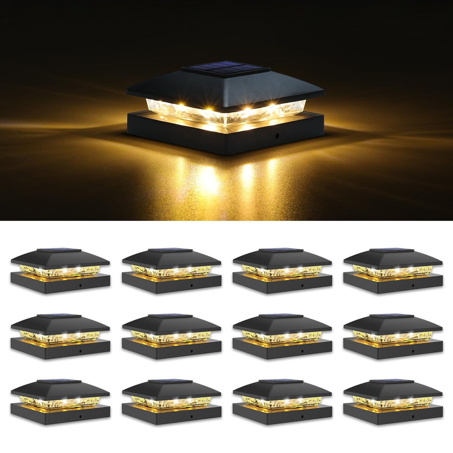 VOLISUN 4x4 Solar Post Cap Light 12pack,Solar Fence - Post Lights Outdoor Waterproof for Wooden/Vinyl Post,Black Deck Post Cap Light Solar Powered