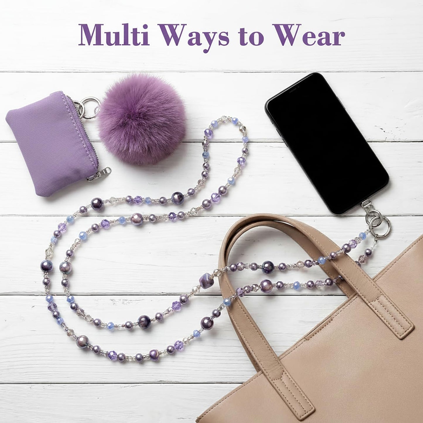 DYLWMYRL 100 Inch Anti-Tangle Beaded Phone Crossbody Lanyard, Multicolor Purple Blue Beaded Strap, Detachable Heart Charm Anti-Loss Lanyard for Daily