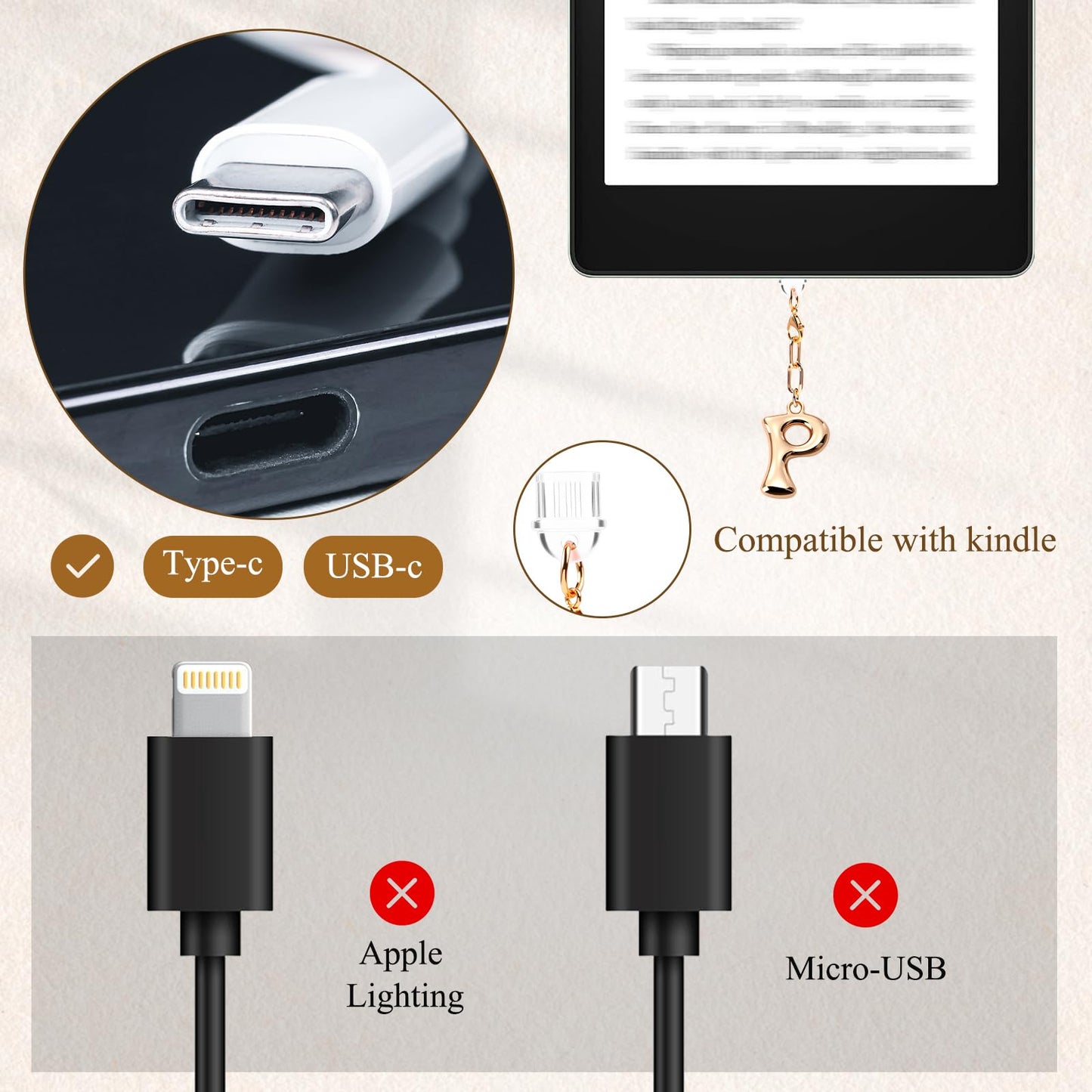 Kindle Dust Plug Charm & Chain, Alphabet Letter Charms with Removable Heart Hook, Type-C Charger Port Dust Plug Accessories Compatible with Kindle