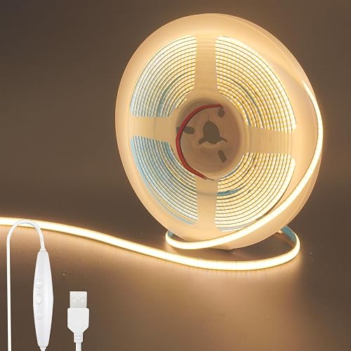 Clearhill 5V 5mm Width USB COB LED Strip Lights with Dimmable Switch,9.84FT/3M,Warm White 3000K,400LEDs/M,8W/M,CRI90,2250lm,Electroplated Double-Sided