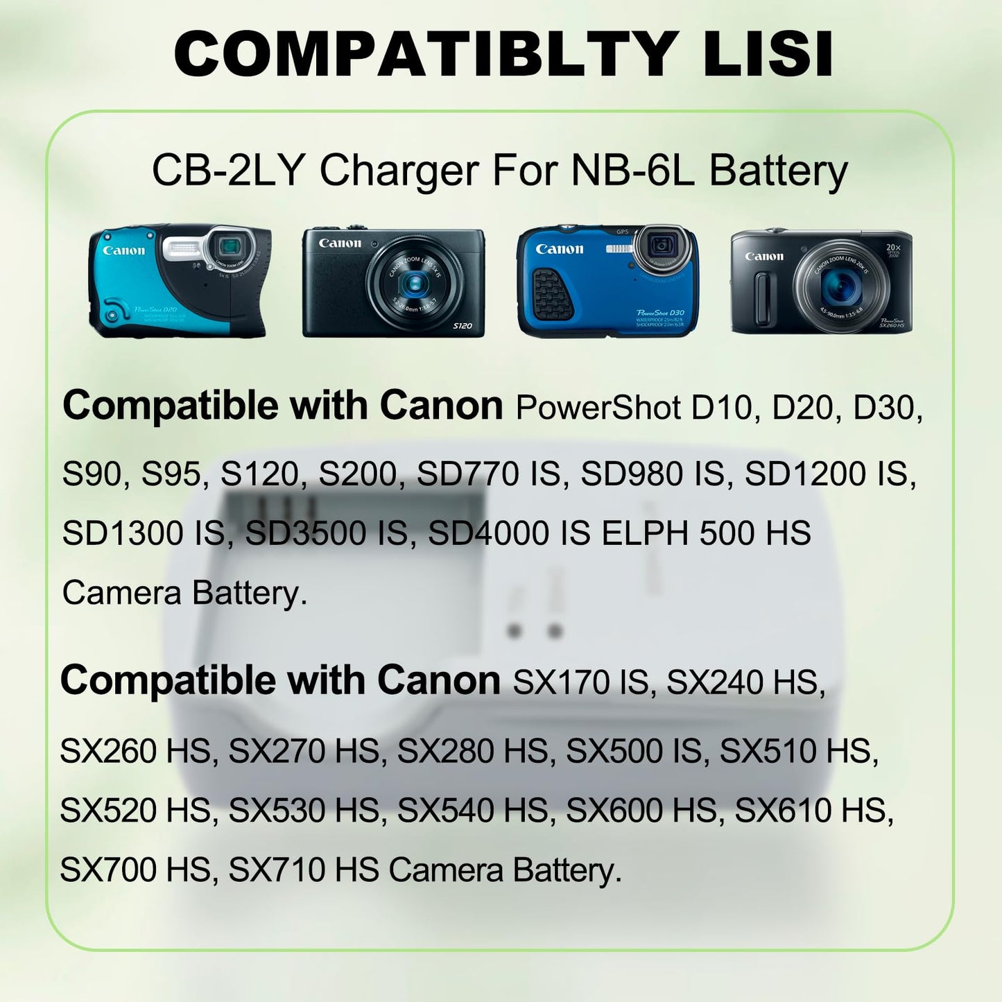 CB-2LY CB-2LYE Charger compatible with NB-6L NB-6LH battery For Canon PowerShot D10 D20 D30 S90 S95 S120 S200 SD770 IS SD980 IS SD1200 IS SD1300 IS