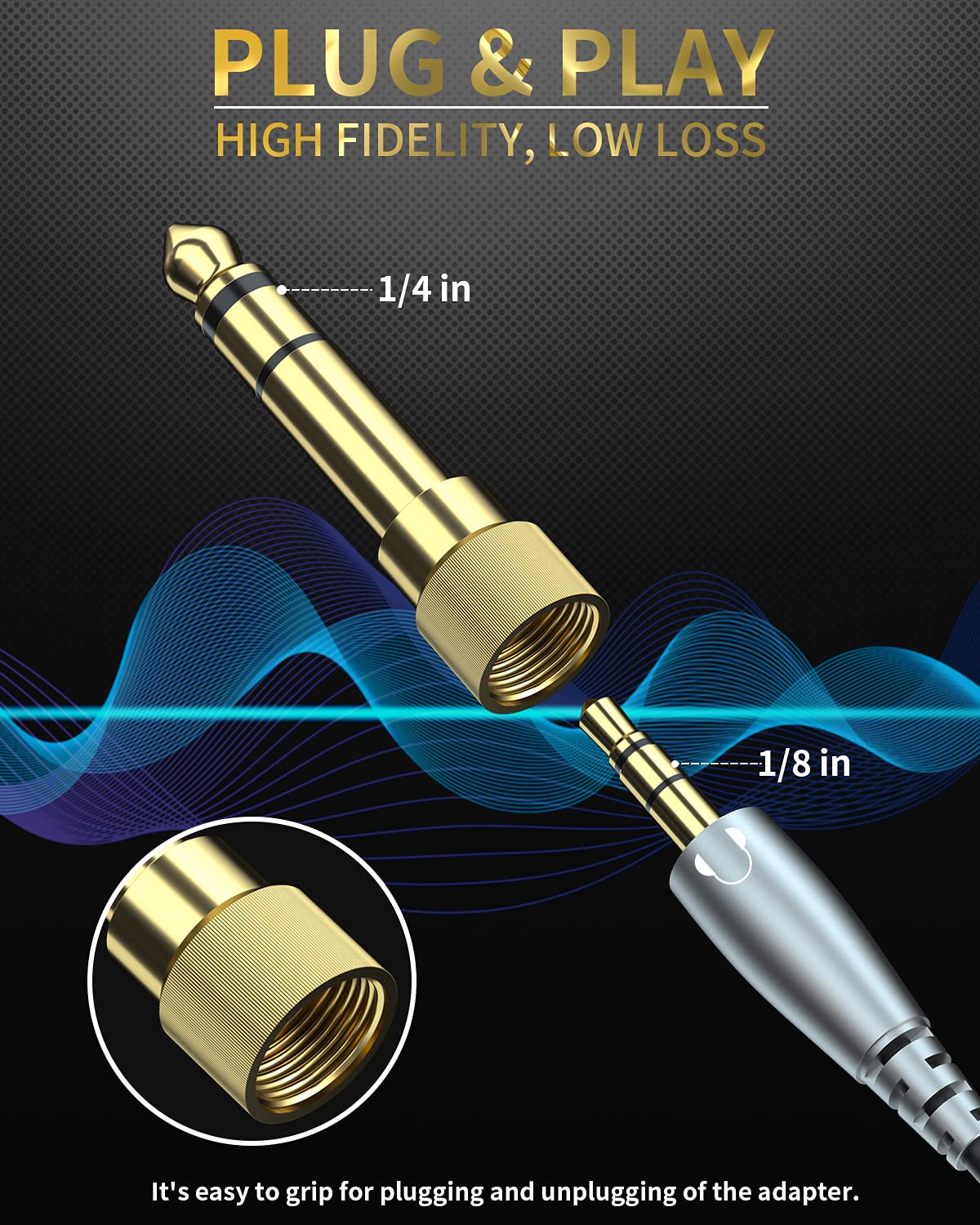 6.35mm to 3.5mm Audio Adapter, Gold Plated Screw-On Stereo Adapter for Compatible Devices (2Pcs) - Check Compatibility Before Use