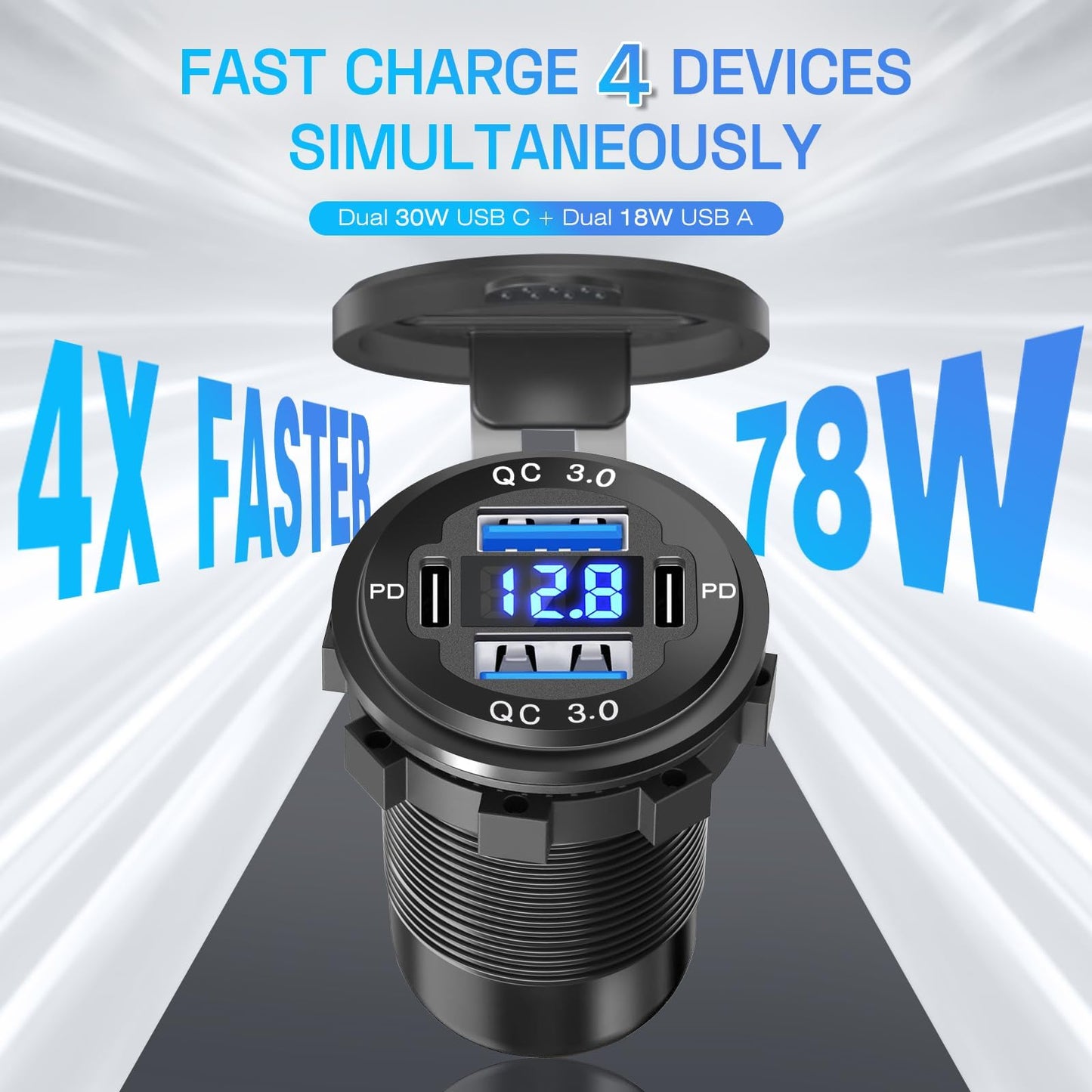 2Pcs 12V/24V Outlet with Voltmeter, Quick Charge 3.0 Dual USB Power Outlet, Waterproof Fast Charge USB Charger Socket DIY Kit for Car Boat Marine (2