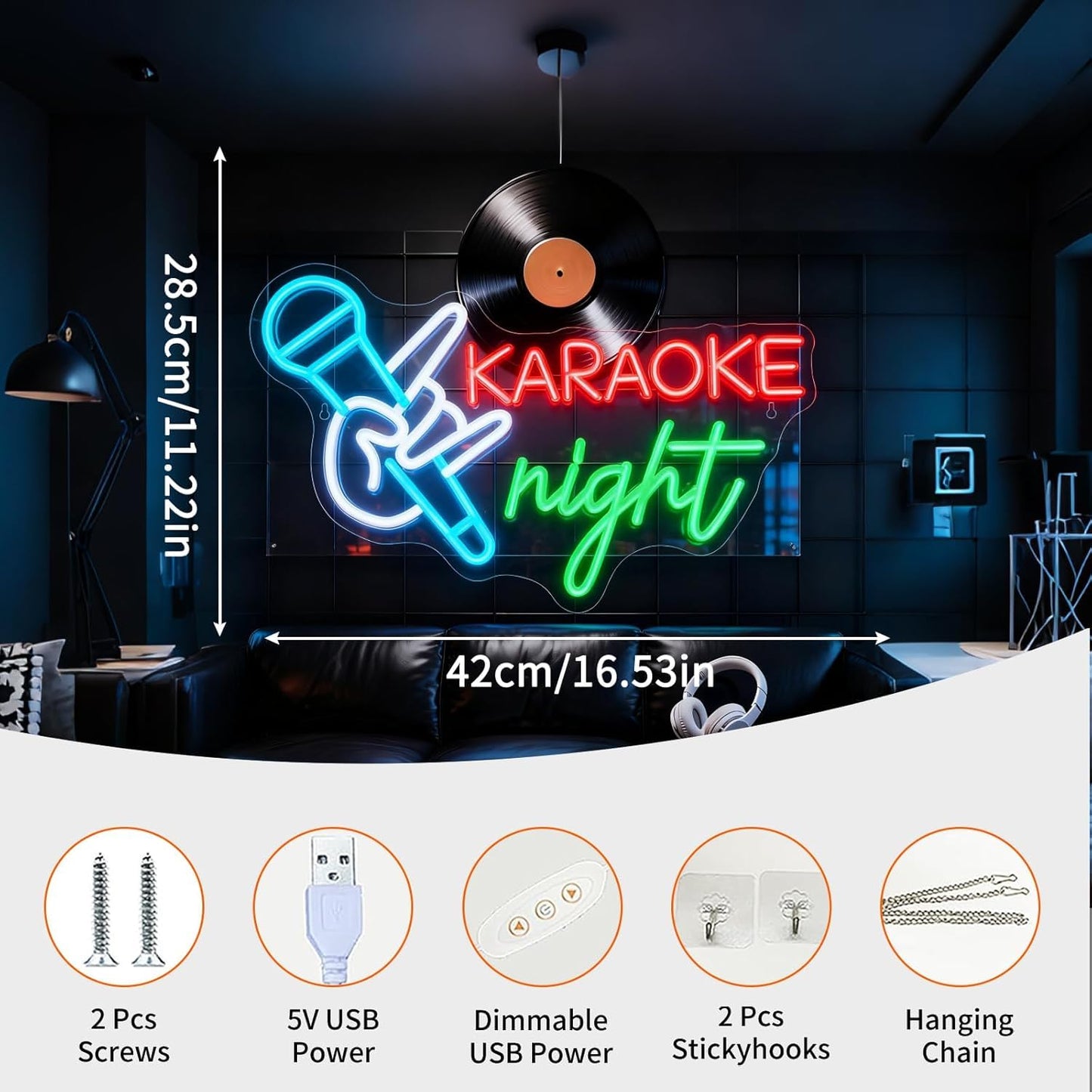 Karaoke Night Neon Sign, Microphone LED Neon Light, USB Powered Dimmable Light Up Sign for KTV Music Theme Party Home Living Room Wall Table Room