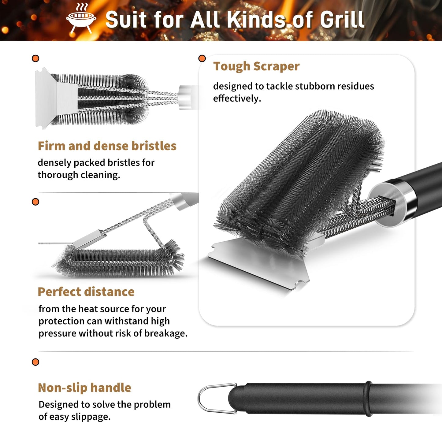 TNTOR 18" Grill Brush with Scraper – Adjustable Handle BBQ Cleaner for Gas, Charcoal & Smoker Grills, Great Gift for Dad