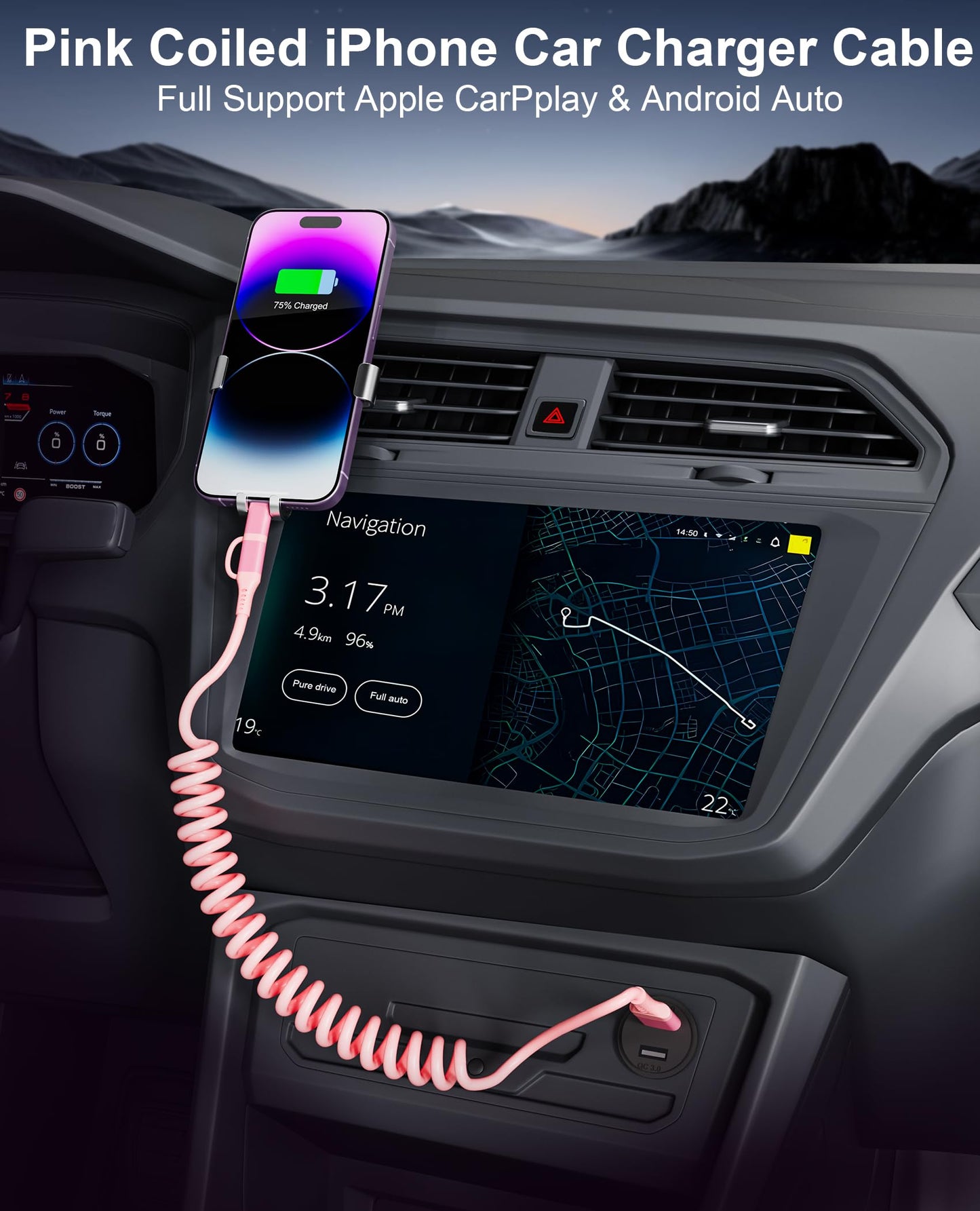 2-in-1 Coiled USB-C & Lightning Pink iPhone Car Charger - Pink Charger for iPhone 16/15/14/Android, Apple CarPlay & Android Auto Supported, Short…