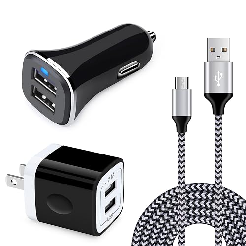 USB Wall Charger Block 2.1A Dual Port Power Adapter with Car Charger and 6ft Micro Phone Charger Cable Nyon Braided Cord for Samsung Galaxy S7, S7