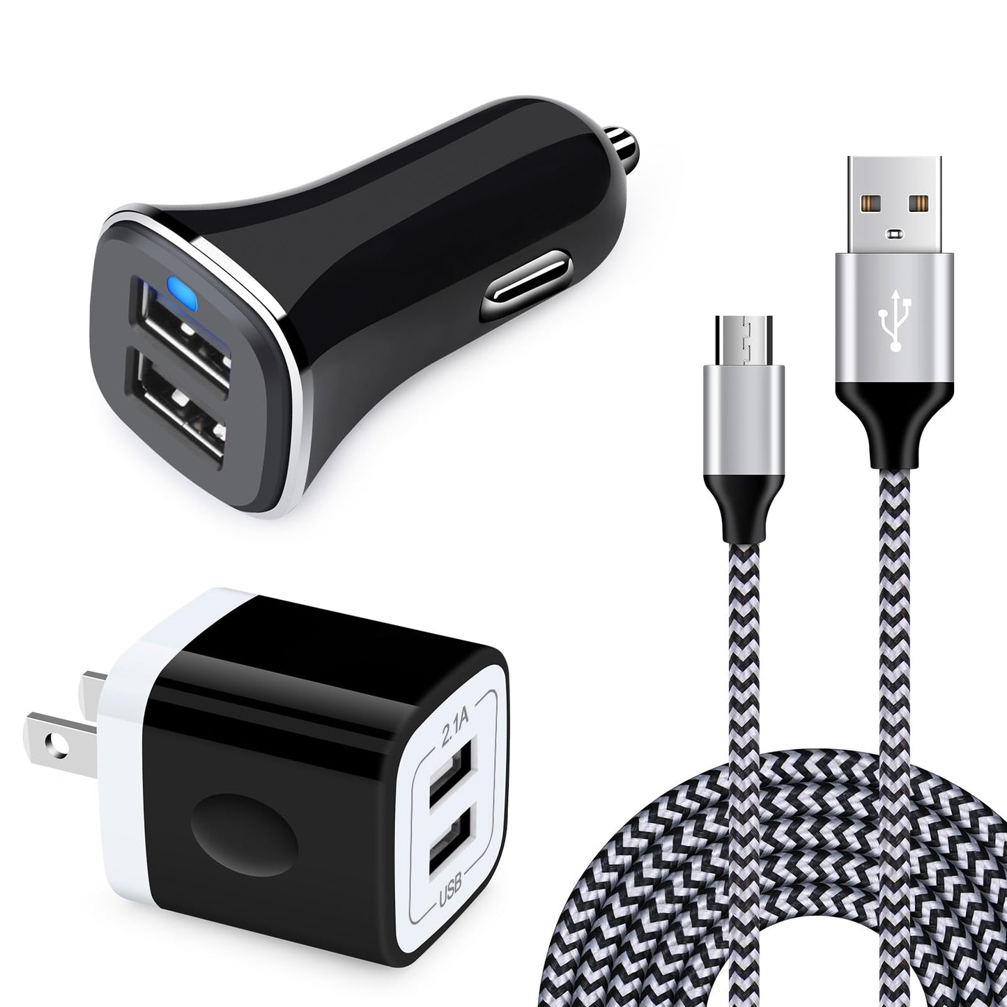 USB Wall Charger Block 2.1A Dual Port Power Adapter with Car Charger and 6ft Micro Phone Charger Cable Nyon Braided Cord for Samsung Galaxy S7, S7