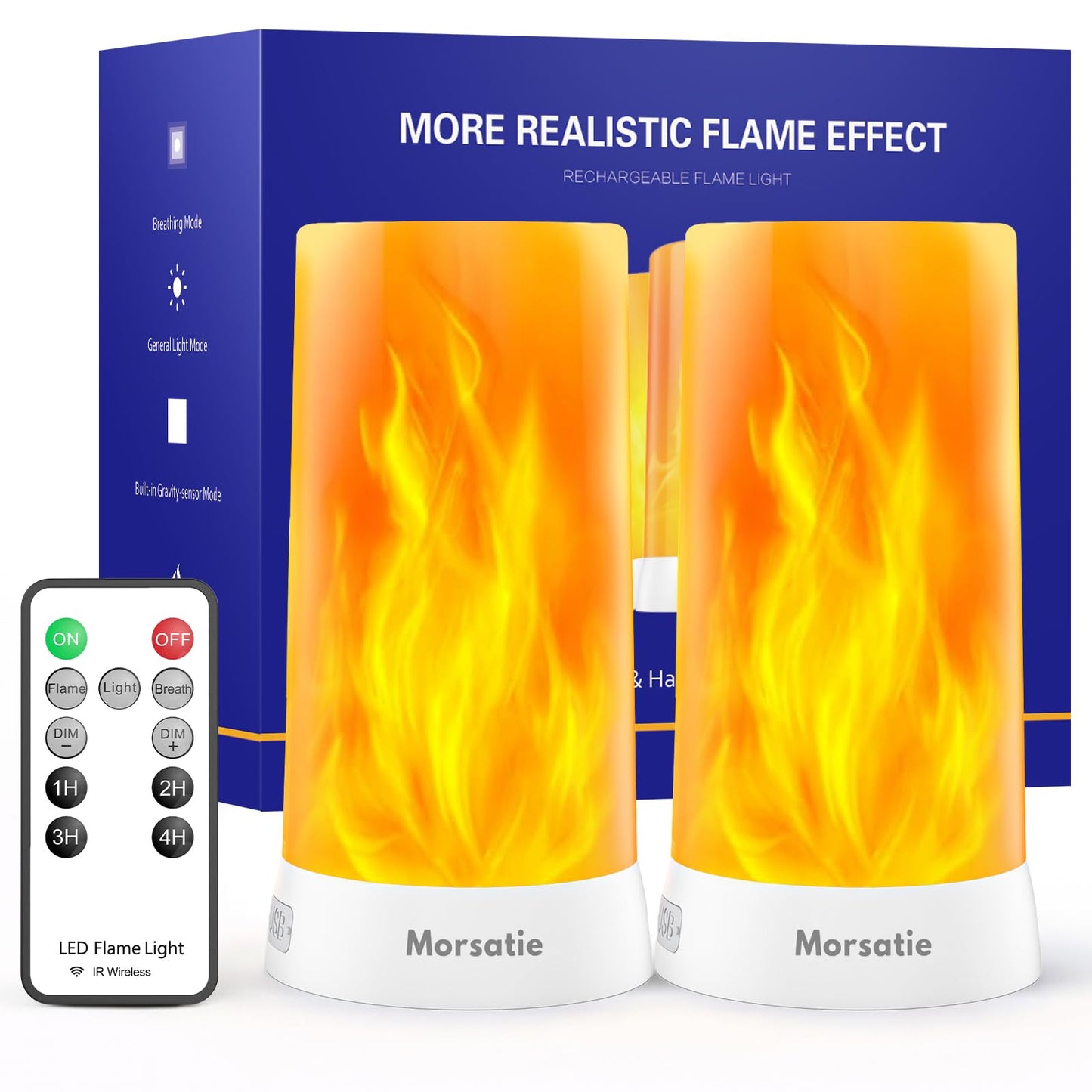 Upgraded LED Flame Light, Rechargeable Flame Lamp with Remote & Timer, 4 Modes Upside-Down Effect, Waterproof Battery Operated Dimmable Flameless
