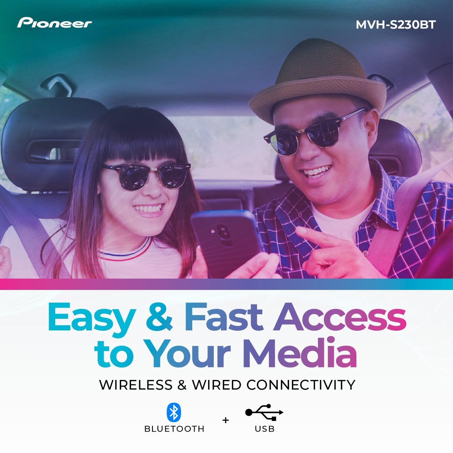 Pioneer MVH-S230BT 1-Din Digital Media Receiver - Bluetooth, USB, 50W x 4 Output, AM/FM Radio, iPhone/Android Compatible, Front/SW (Mono) Selectable