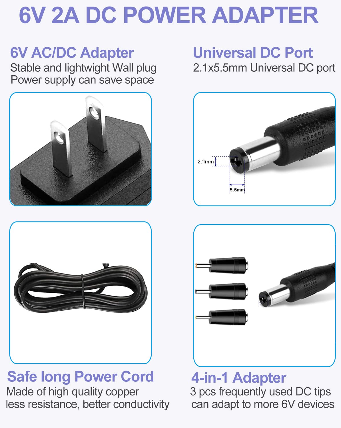 DC6V 2A Power Supply Adapter, Universal AC Adapter 6Volt 2000mA 1500mA 1000mA 500mA 400mA for Digital Blood Pressure Monitoir, Charger with 3 DC Plug…