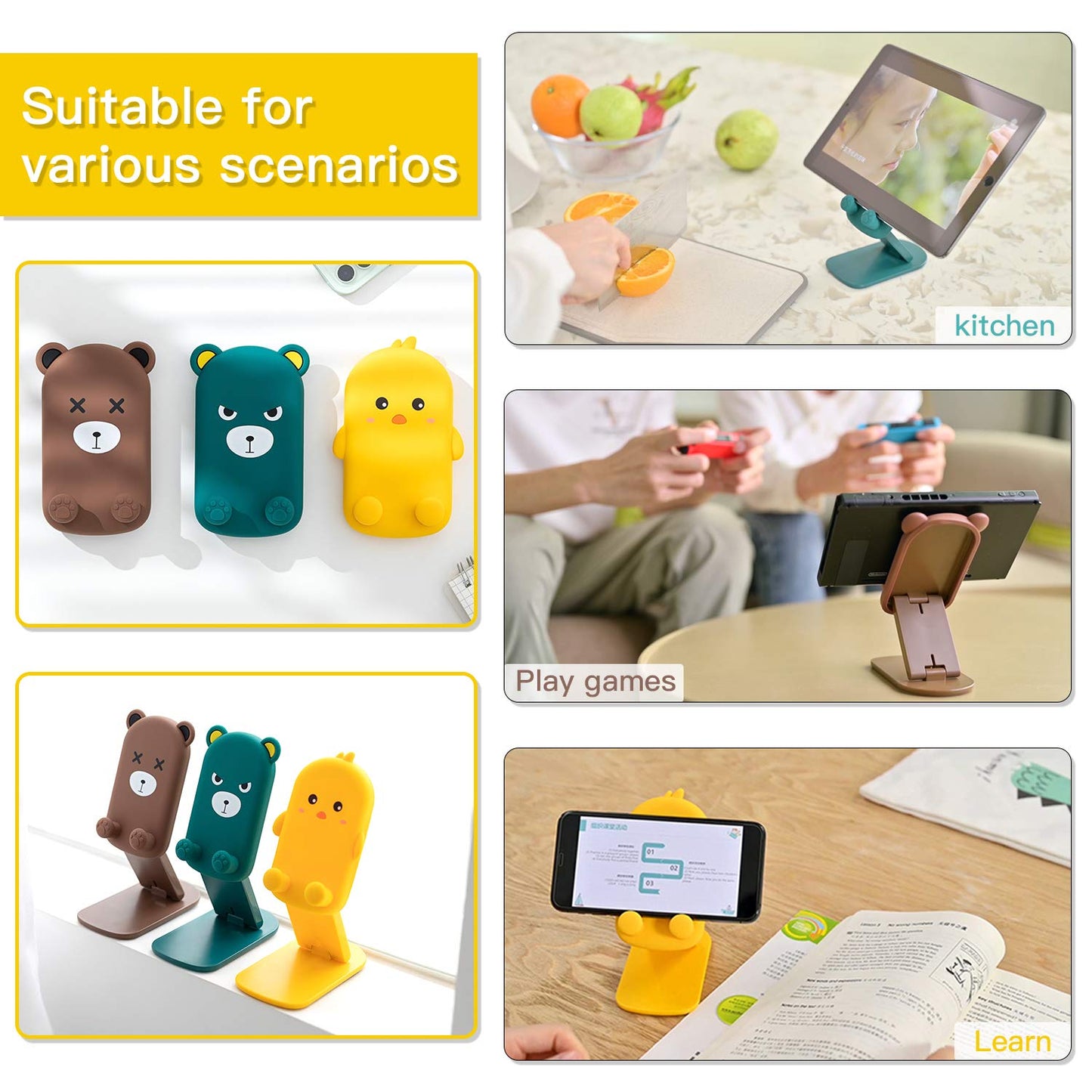 Anpdasi Cute Cell Phone Stand Foldable Adjustable Animal Phone Holder for Desk Silicone Protection Compatible with iPhone 16 15 14 13 12 Pro Max iPad