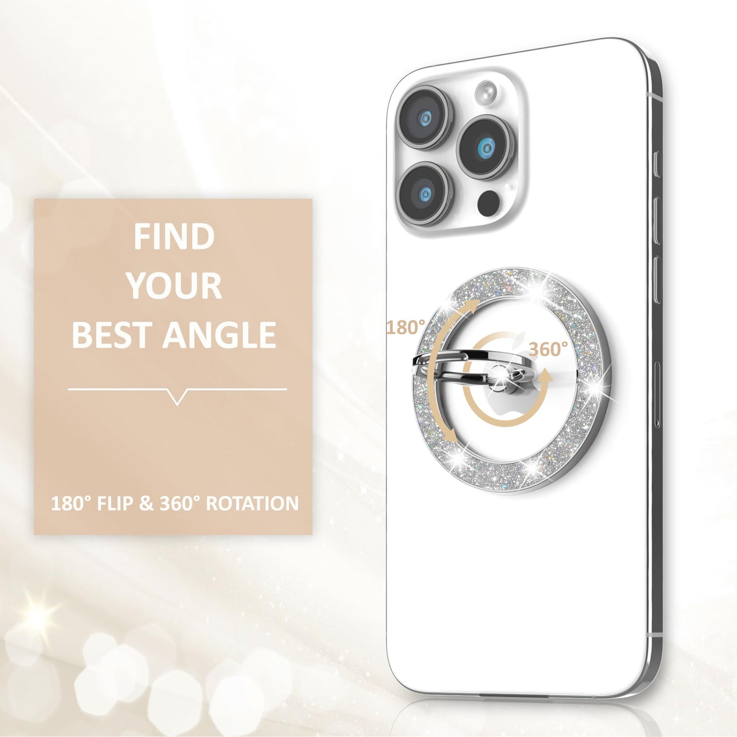 Pikabo Magnetic Phone Ring Holder for MagSafe, Glitter Phone Grip Stand with 360° Rotation Finger Ring Kickstand Compatible with iPhone MagSafe