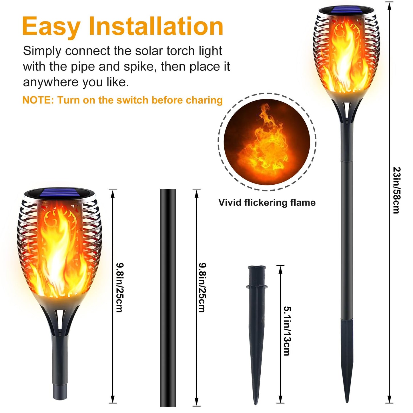 Awethone Large Solar Torch Light with Flickering Flame, 6 Pack Upgraded Outdoor Decorative Solar Tiki Torches - Super Bright LED Landscape Lighting