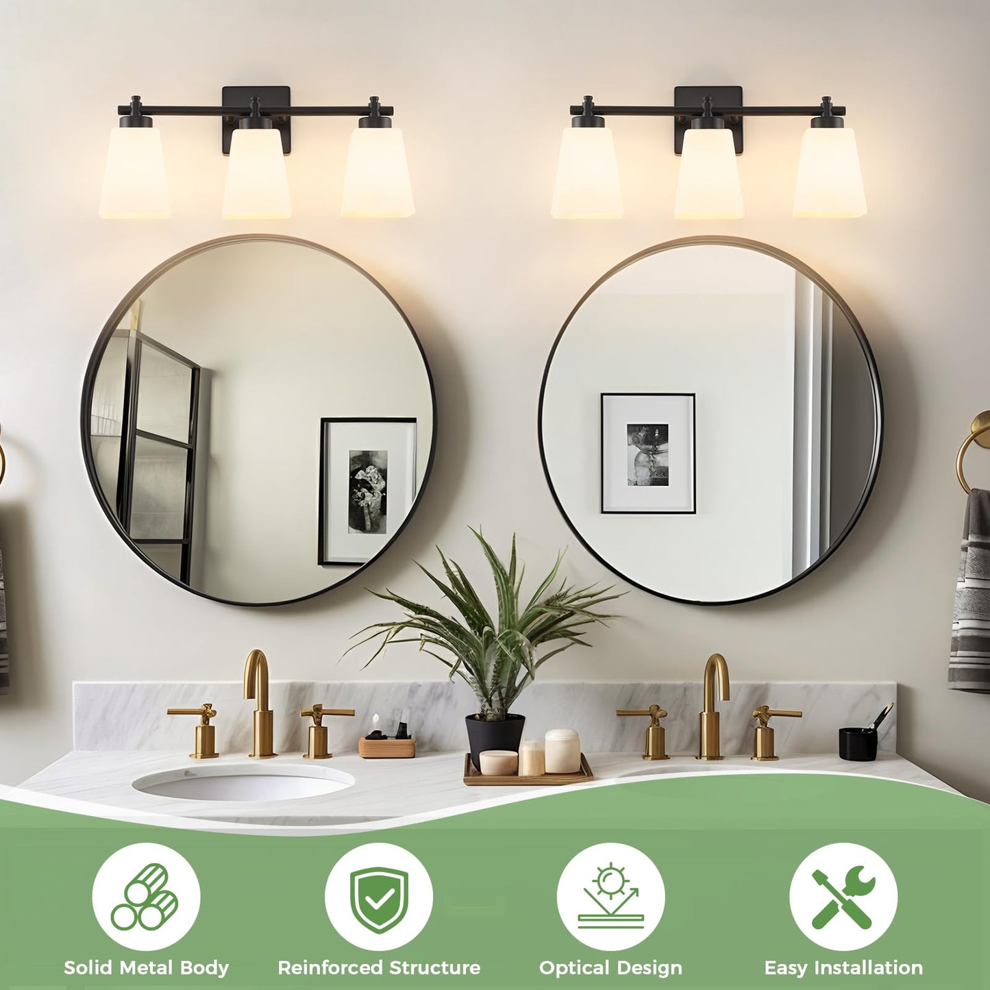 ECOBRT 3-Light Bathroom Light Fixtures, 20" Black Modern Vanity Lights with Glass Shade, Bathroom Wall Lamp for Mirror Kitchen Living Room Hallway