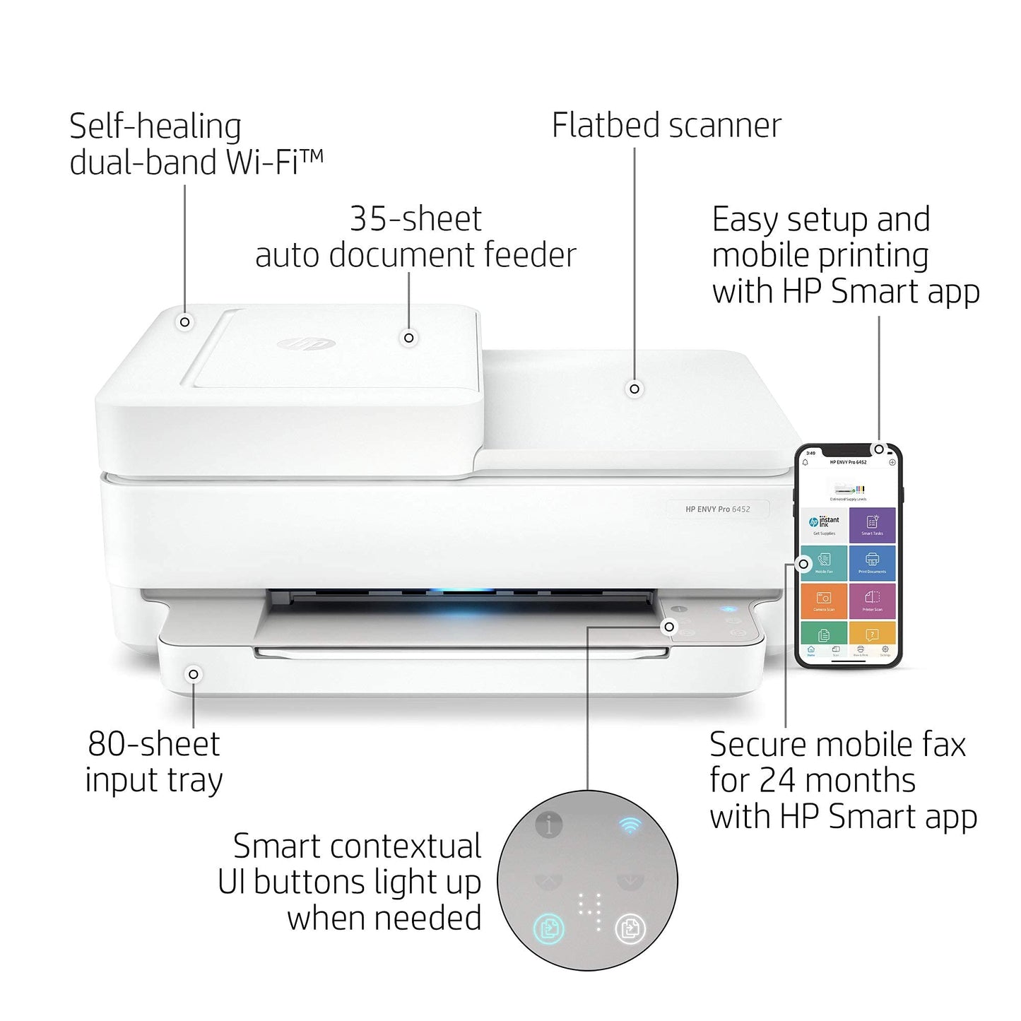 HP Envy Pro 6452 Wireless All-in-One Color Inkjet Printer, Mobile Print, Scan & Copy, Instant Ink Ready, 5SE47A (Renewed)