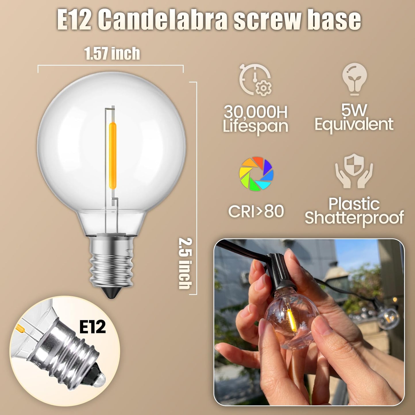 SEVSONSNZZ G40 Led Replacement Light Bulbs - E12 Screw Candelabra Base 120V Shatterproof Warm White Small Globe Light Bulbs Equvalent to 5 Watt