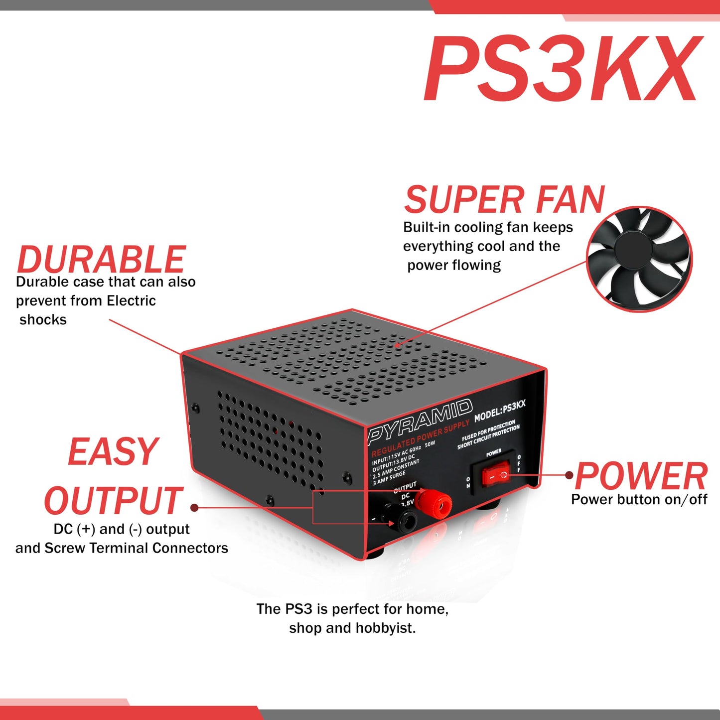 Pyramid Universal Compact Bench Power Supply - 2.5 Amp Linear Regulated Home Lab Benchtop AC-to-DC 12V Converter w/ 13.8 Volt DC 115V AC 50 Watt…