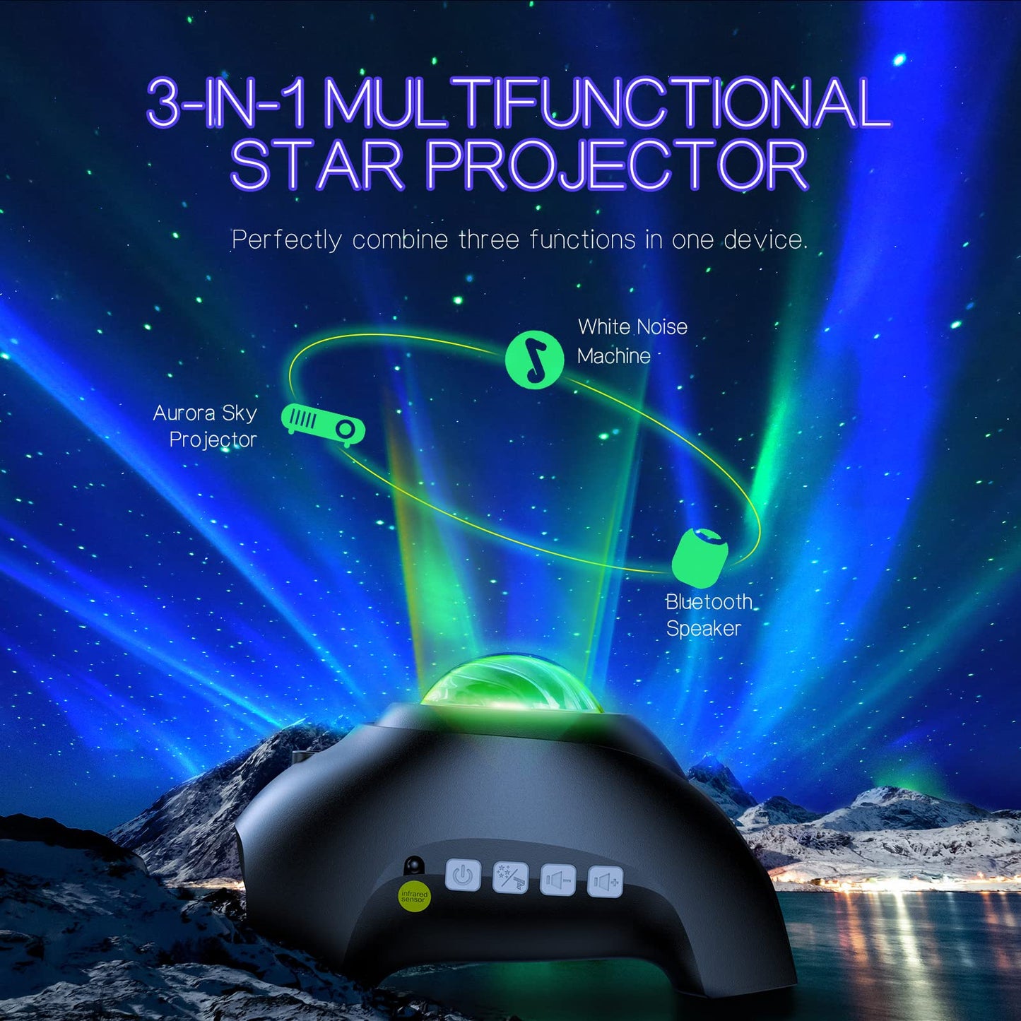 Northern Galaxy Light Aurora Projector with 33 Light Effects, Night Lights LED Star Projector for Bedroom Nebula Lamp, Remote Control, White Noises