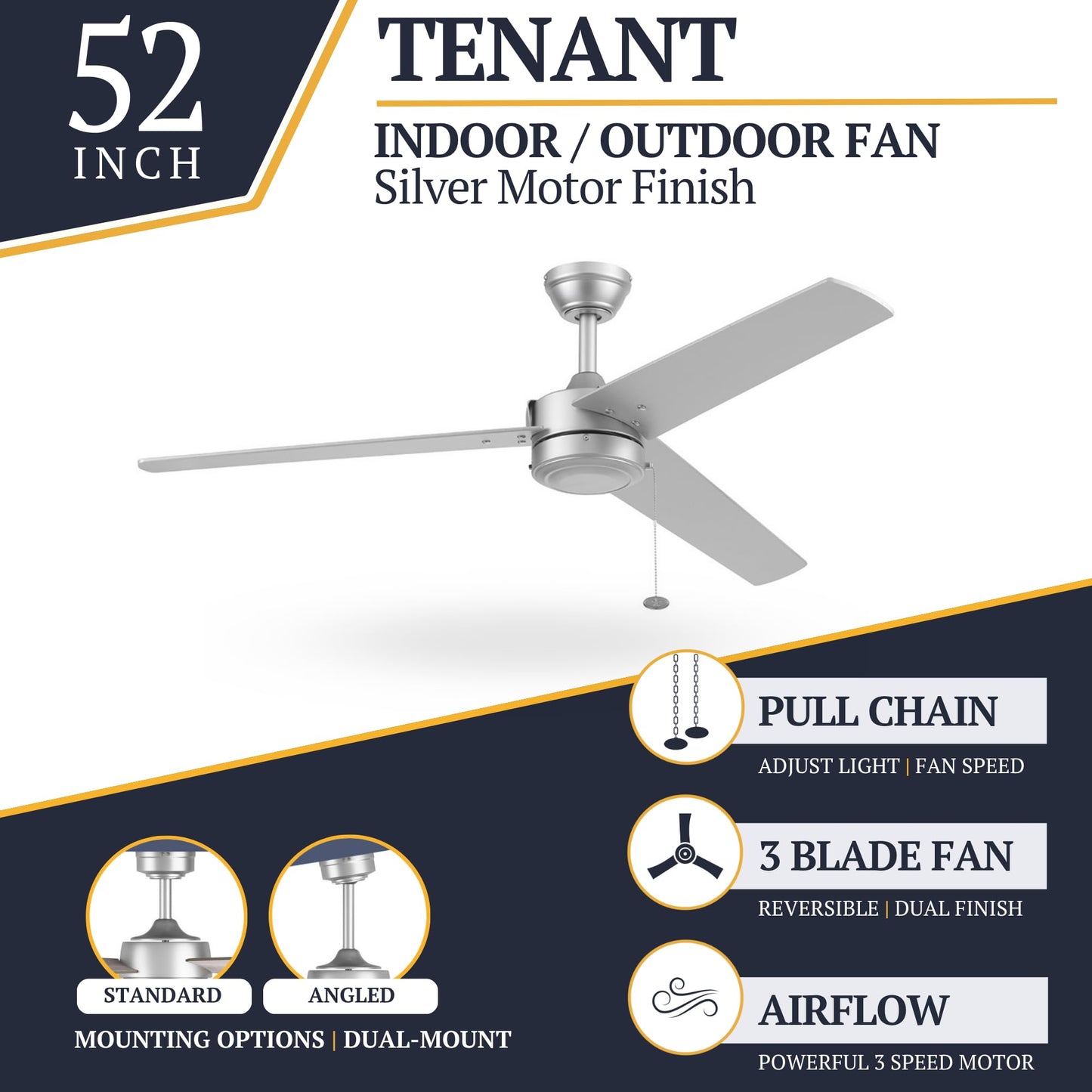 Prominence Home Tenant, 52 Inch Contemporary Indoor Outdoor LED Ceiling Fan, No Light, Pull Chain, Dual Mounting Options, 3 Dual Finish Blades