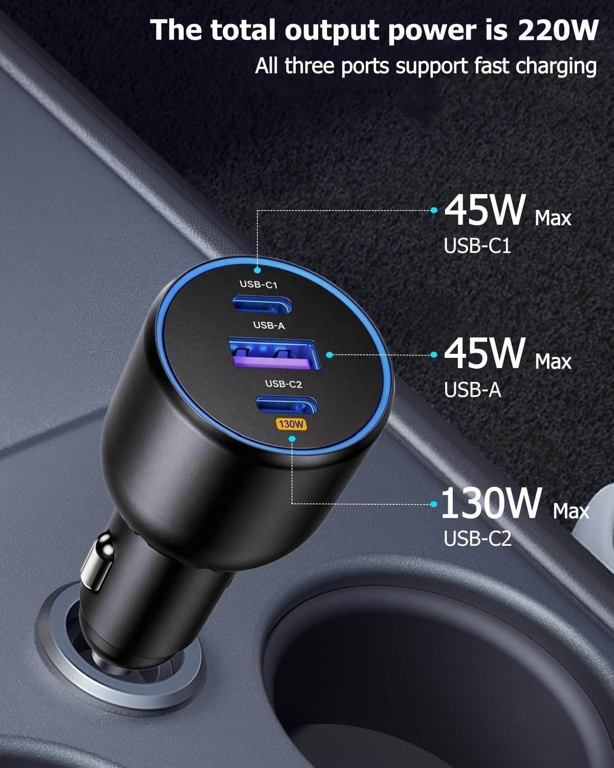 220W Car Charger Super Fast Charging Cigarette Lighter USB Phone Accessories Charger Adapter with QC USB c Type c PD Universal Quick Charge Multi 3