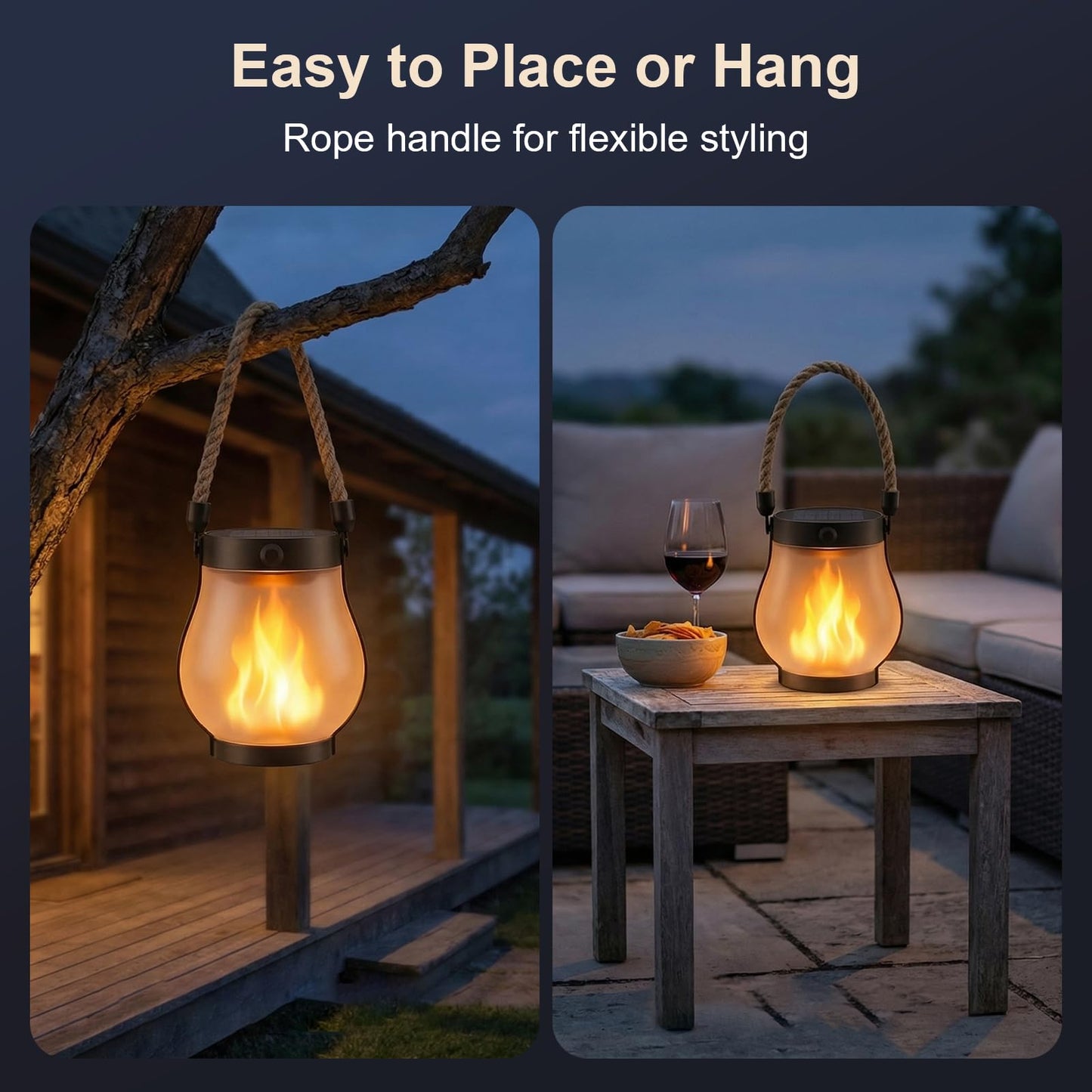 Solar Lanterns Outdoor Waterproof 4 Pack, Outdoor Solar Lanterns with Flickering Flame Effect, USB-C & Solar Charging, Auto Dusk to Dawn, Hanging