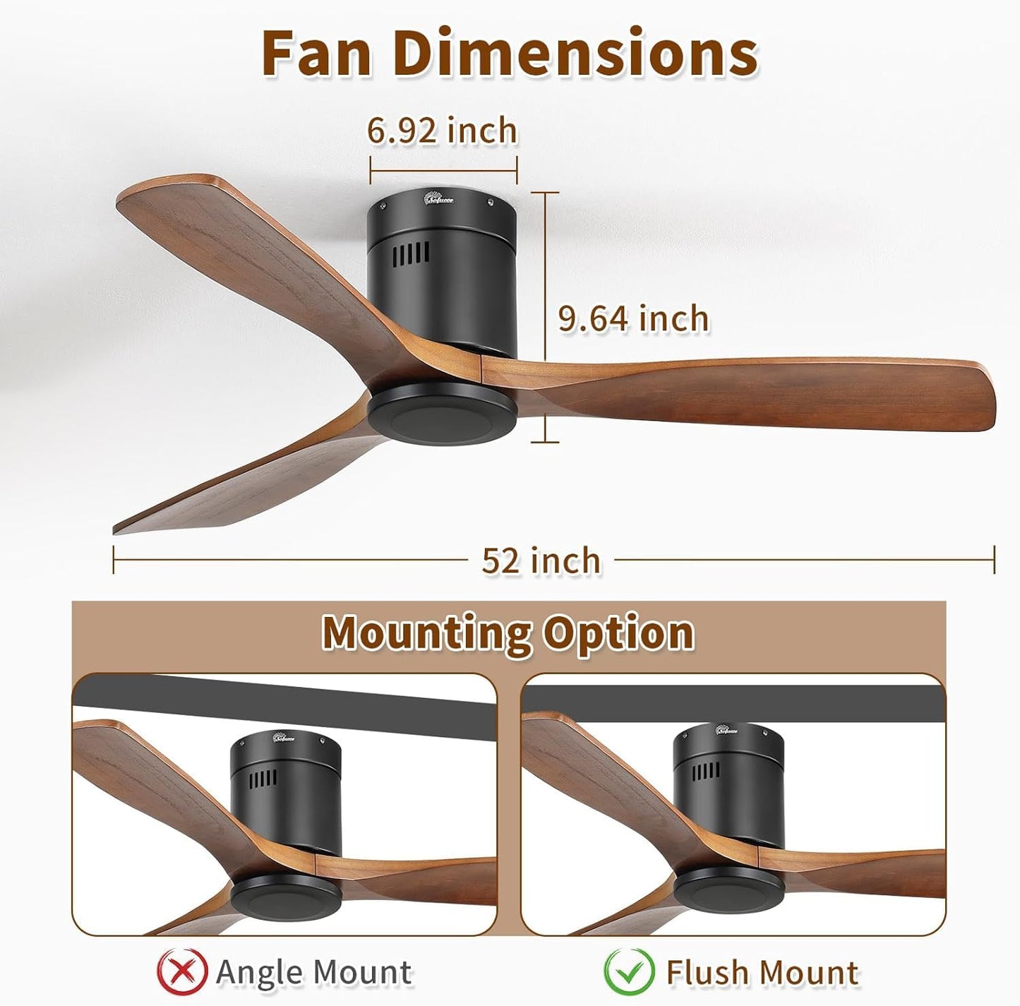 Sofucor 52 Inch Wood Ceiling Fan No Light, Flush Mount, Brown