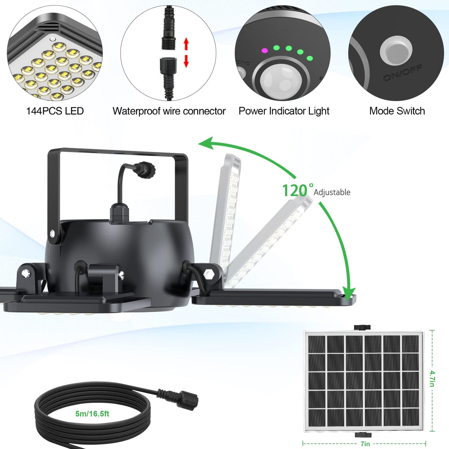INXPHY Solar Shed Light, 1200LM 144LED Motion Sensor Pendant Light, 5 Lighting Modes Remote Control 4-Leaf 120° Adjustable, IP65 Waterproof Split