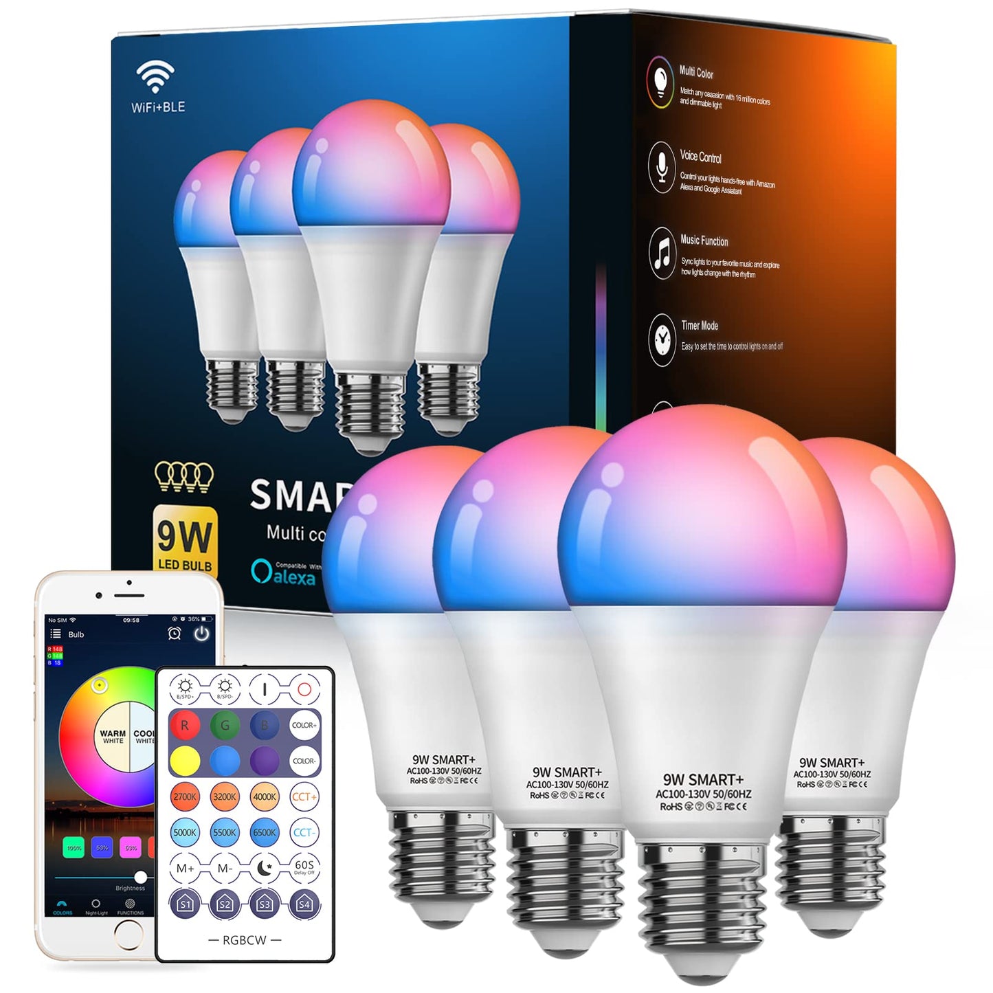 Vanance Smart Light Bulbs, WiFi & Bluetooth 5.0, Work with Alexa Google Assistant, App Control, Color Changing LED Bulb,E26 800LM Dimmable RGB Lights