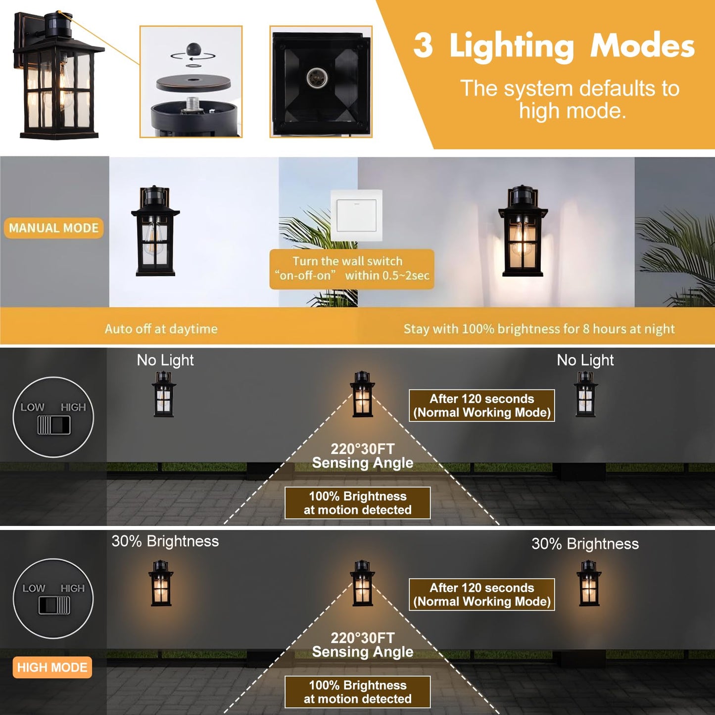 EIKESN 2 Pack Outdoor Motion Sensor Porch Light, Black Exterior Wall Lantern Lighting Fixtures,Dusk to Dawn Outdoor Wall Lights, Waterproof Front