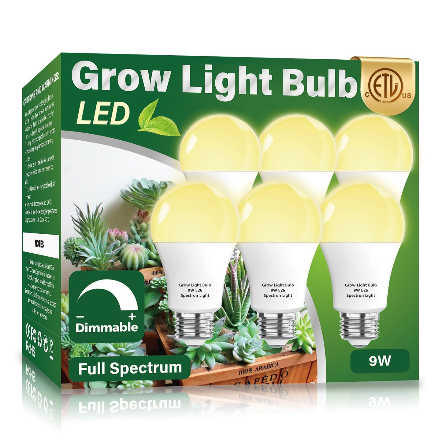 Wiyifada 6 Pack Full Spectrum Grow Light Bulbs,A19 Grow Lights for Indoor Plants,Dimmable E26 9W Grow Bulb Replace up to 100W,Plant Lights for Indoor