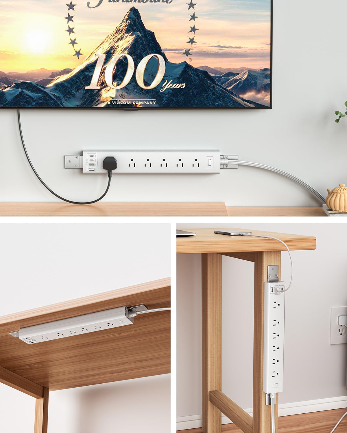 360° Mountable Surge Protector Power Strip with 4 USB Ports (2 USB C), 6 FT Electrical Outlet & Flat Plug Extension Cord for Under Desk, Wall, or