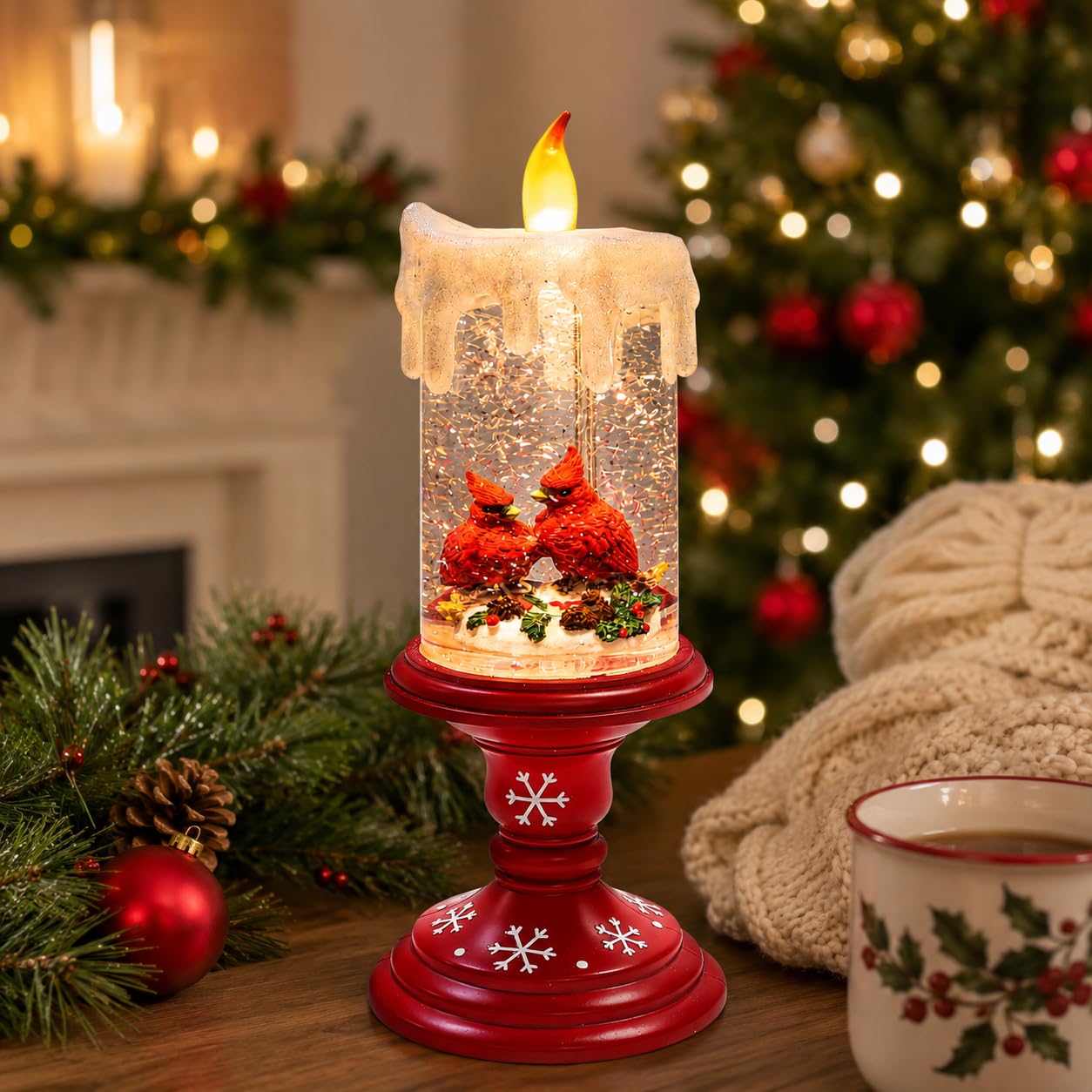 MOMENTS IN TIME LED Lighted Spinning Water Candle with Cardinals 10”H Acrylic Glitter Candle Decor Battery Operated Christmas Decoration Light-Up