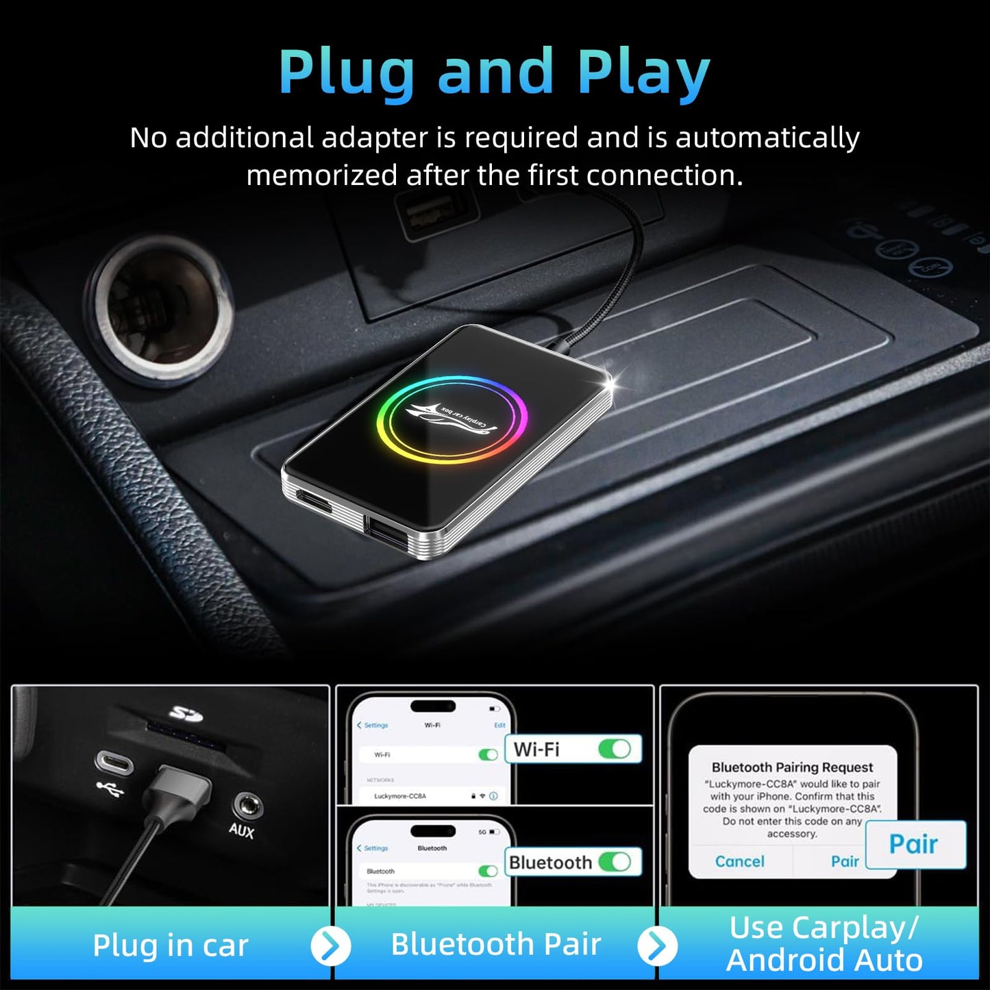 Autolinkr Wireless CarPlay Adapter, Magic AI Box, 3-in-1 for Apple CarPlay & Android Auto Adapter - Plug & Play USB Dongle with Dual WiFi 6