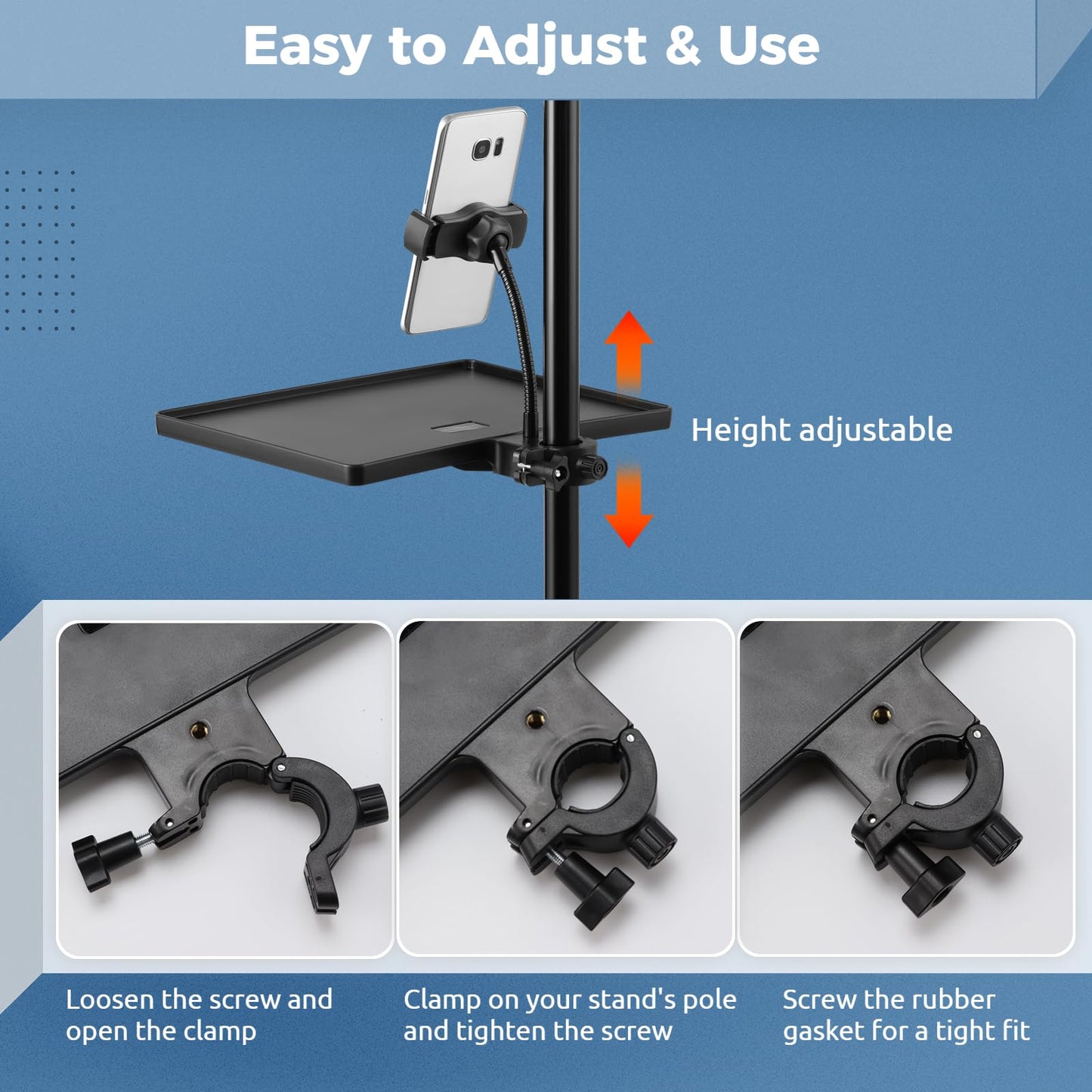 2-In-1 Microphone Stand Tray with Phone Holder, Clamp-On Mic Rack Tray Height Adjustable with Firm O-Ring Clamp, Mic Sound Card Holder for Recording