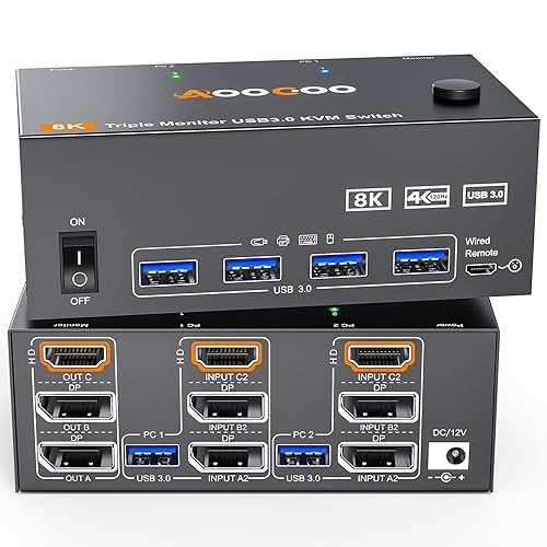 8K@60Hz HDMI Displayport KVM Switch 3 Monitor 2 Computer 4K@144Hz Triple Monitor KVM Switches with USB 3.0 Port,Wired Remote,Power Adapter and USB3.0