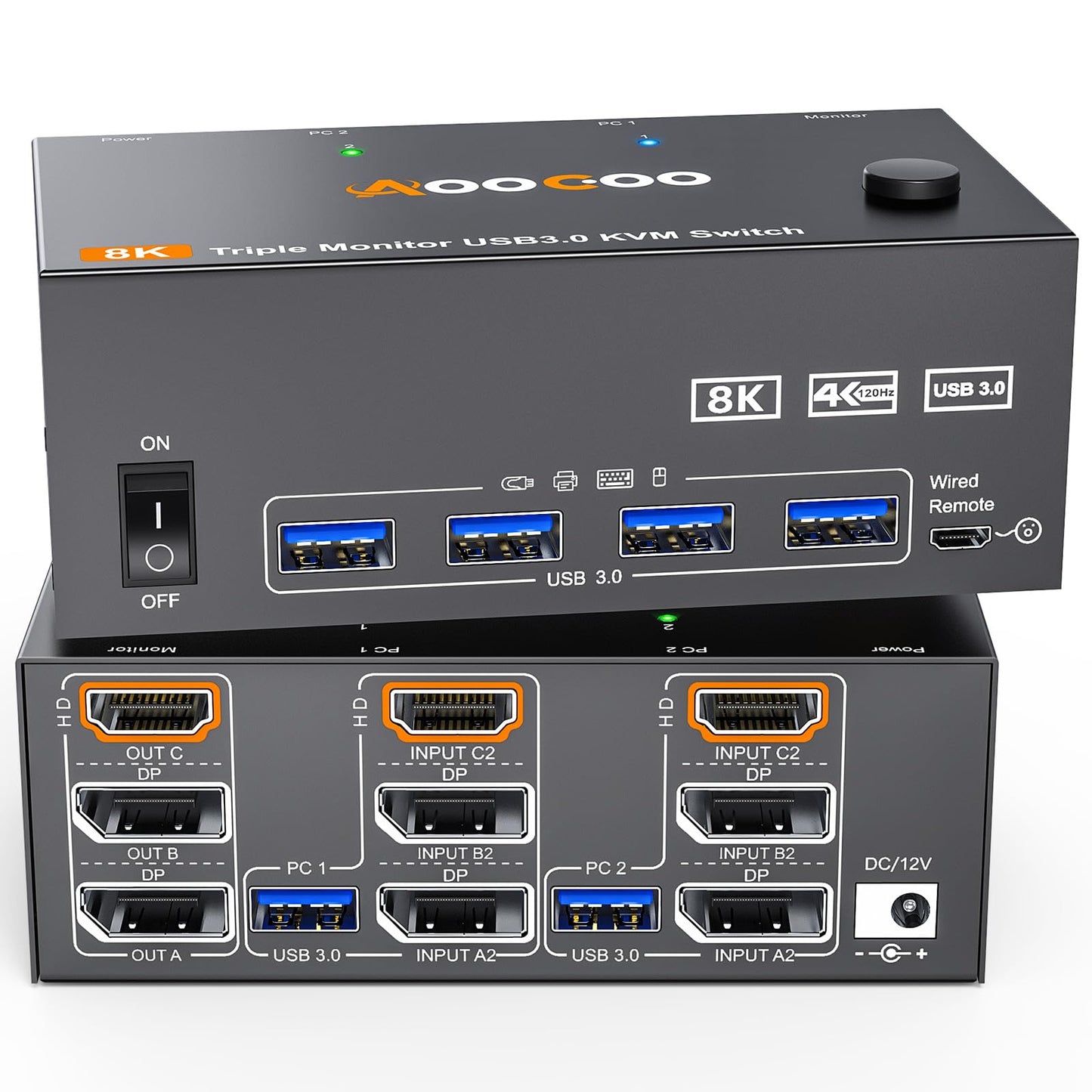 8K@60Hz HDMI Displayport KVM Switch 3 Monitor 2 Computer 4K@144Hz Triple Monitor KVM Switches with USB 3.0 Port,Wired Remote,Power Adapter and USB3.0