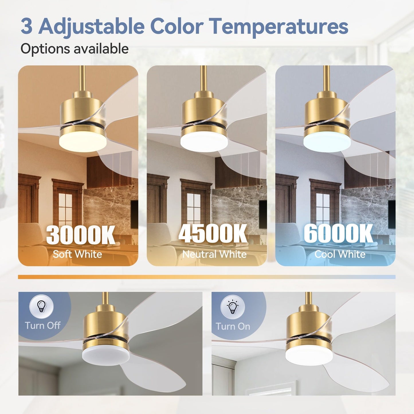 Breezary 52 Inch LED Ceiling Fan with Lights Remote(3-Blade) Gold Body+Clear Blade