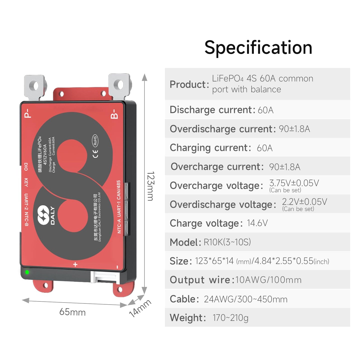 DALY Smart BMS 4S 12V 60A with WiFi Module and CAN 485 Communication Protection Board for Remote Monitoring of LifePO4 Lithium Battery Pack