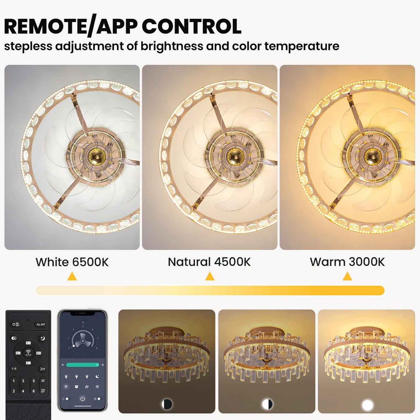 CROSSIO 20" Crystal Ceiling Fans with Lights Remote Control Dimmable 6 Speeds Reverible Timer Gold Fandelier for Bedroom Dining Room Living Room